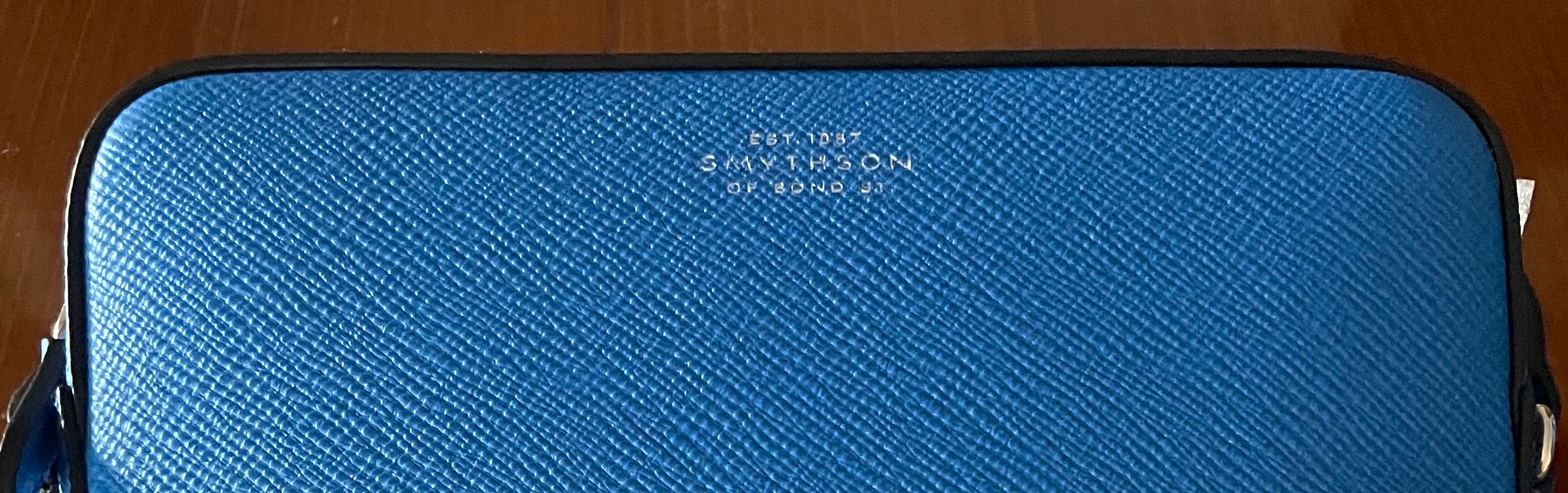 Smythson Smython Blue Leather Camera Bag Lapis blue crossgrain calf leather