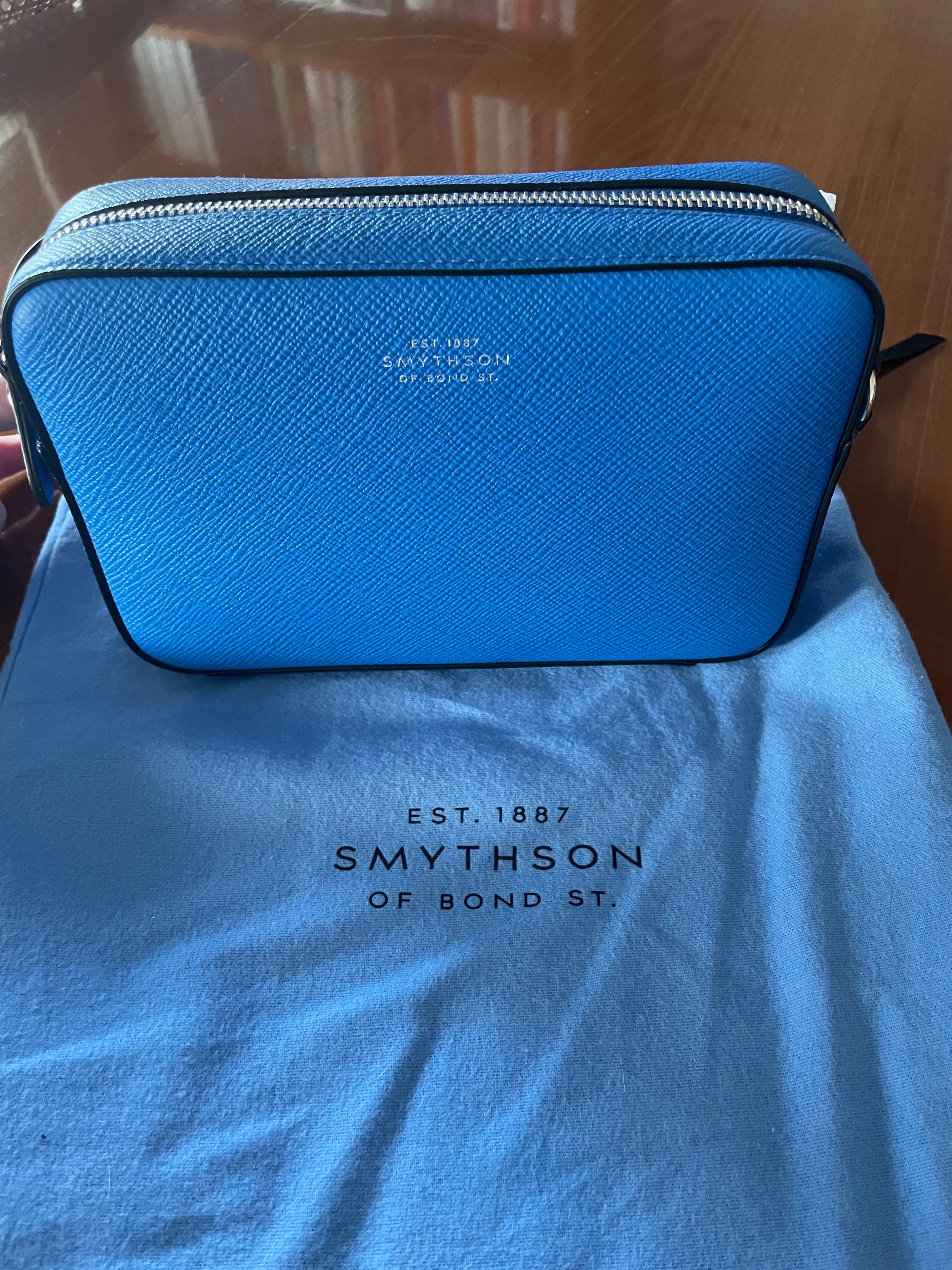 Smythson Smython Blue Leather Camera Bag Lapis blue crossgrain calf leather