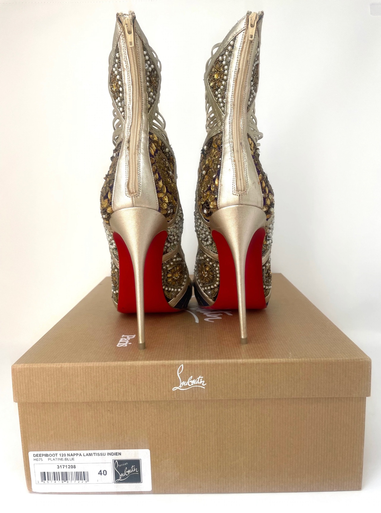 Christian Louboutin Gold Leather Deepiboot 120 Heeled Booties Size 385