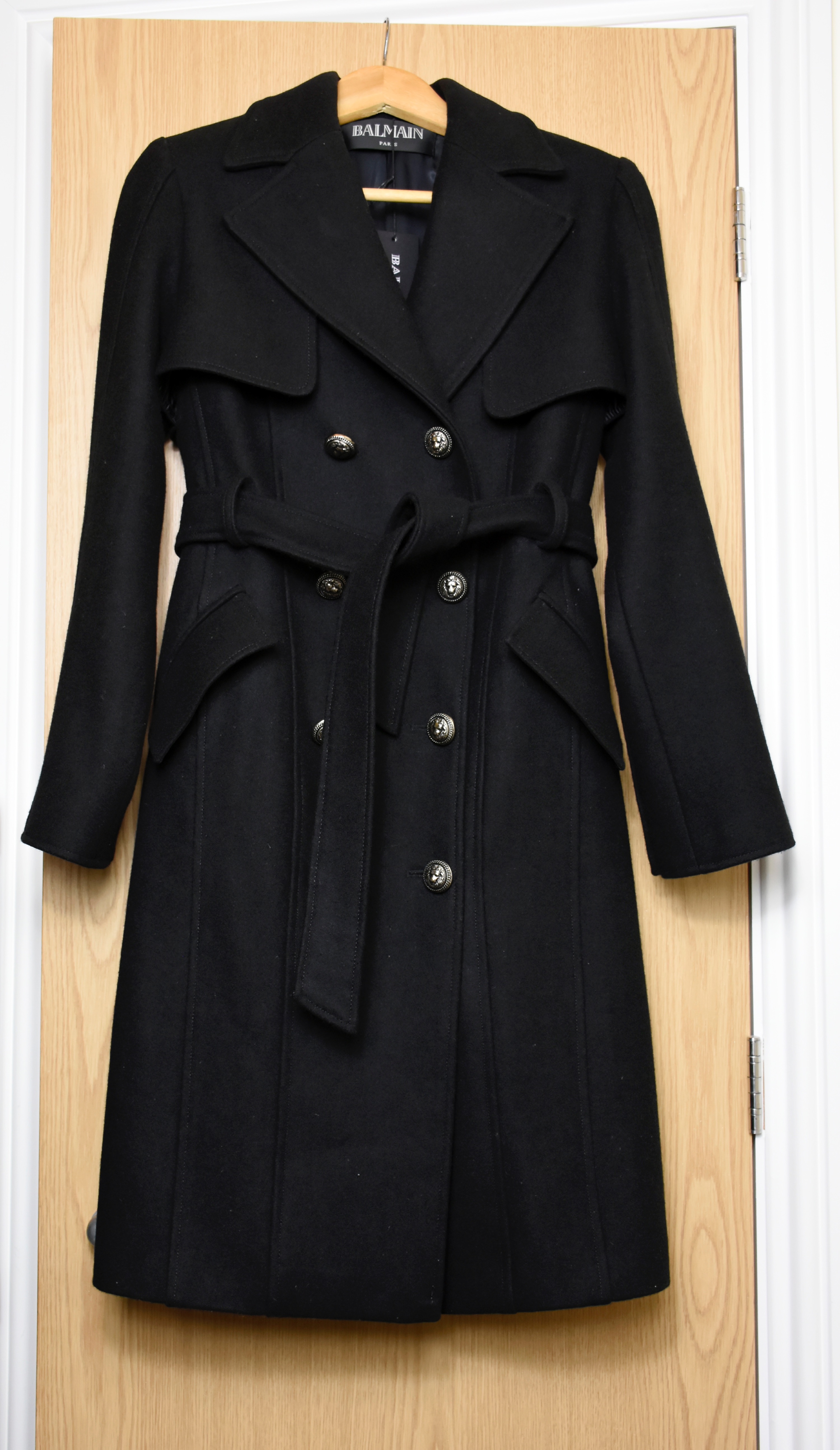 Balmain Black Double Breasted Cashmere Coat Size M cashmere/wool