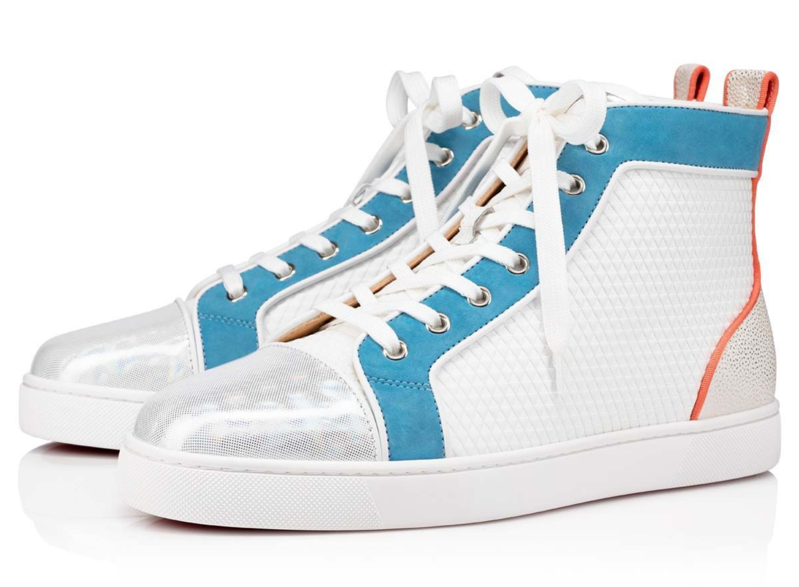 Men's Preowned Christian Louboutin White  Blue Orlato Flat High Tops Size 425 White with orange and sky blue accents leather