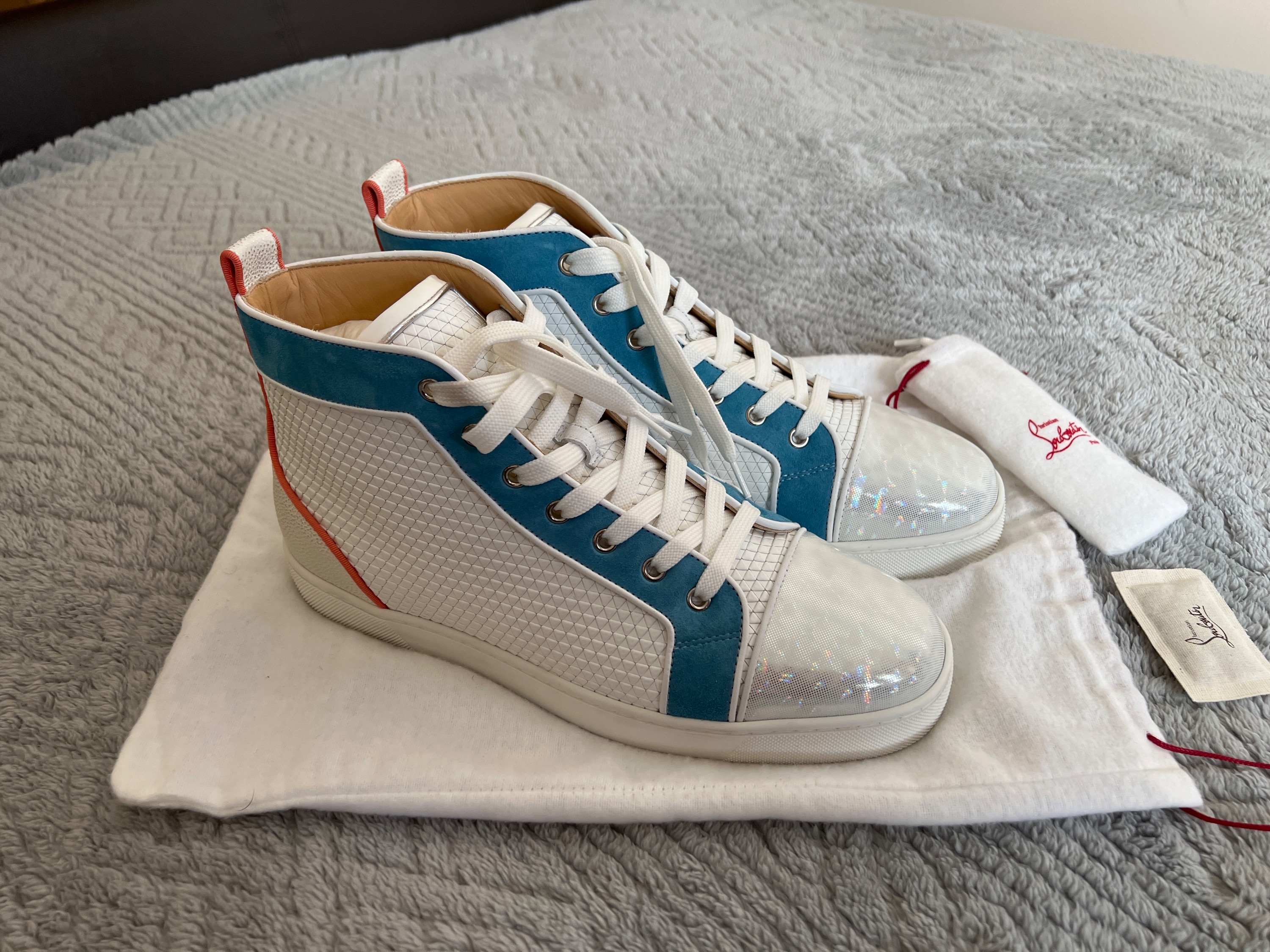 Men's Preowned Christian Louboutin White  Blue Orlato Flat High Tops Size 425 White with orange and sky blue accents leather