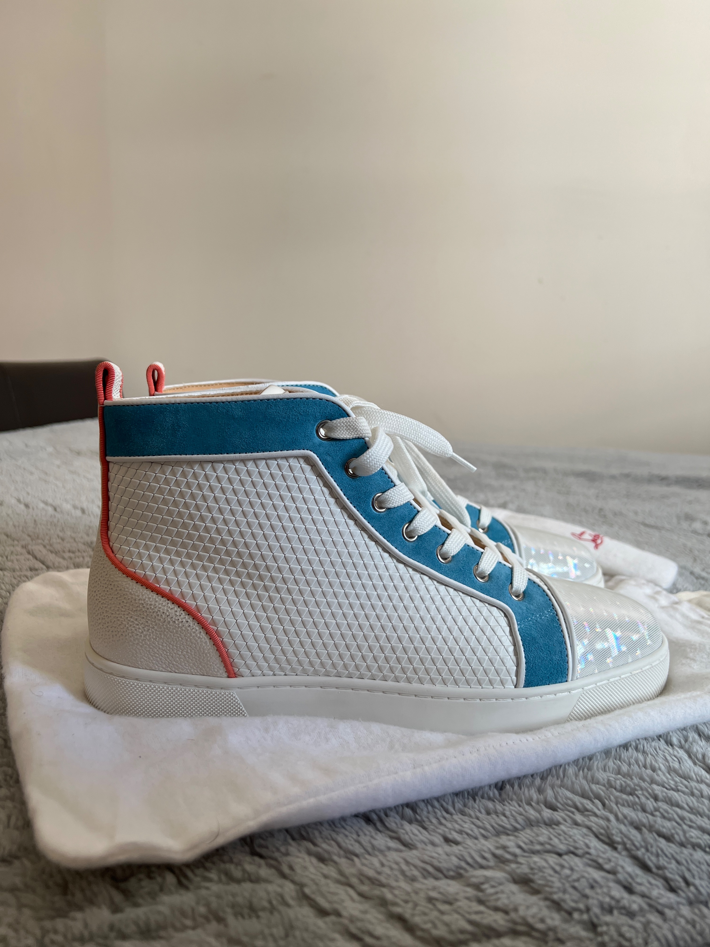 Men's Preowned Christian Louboutin White  Blue Orlato Flat High Tops Size 425 White with orange and sky blue accents leather