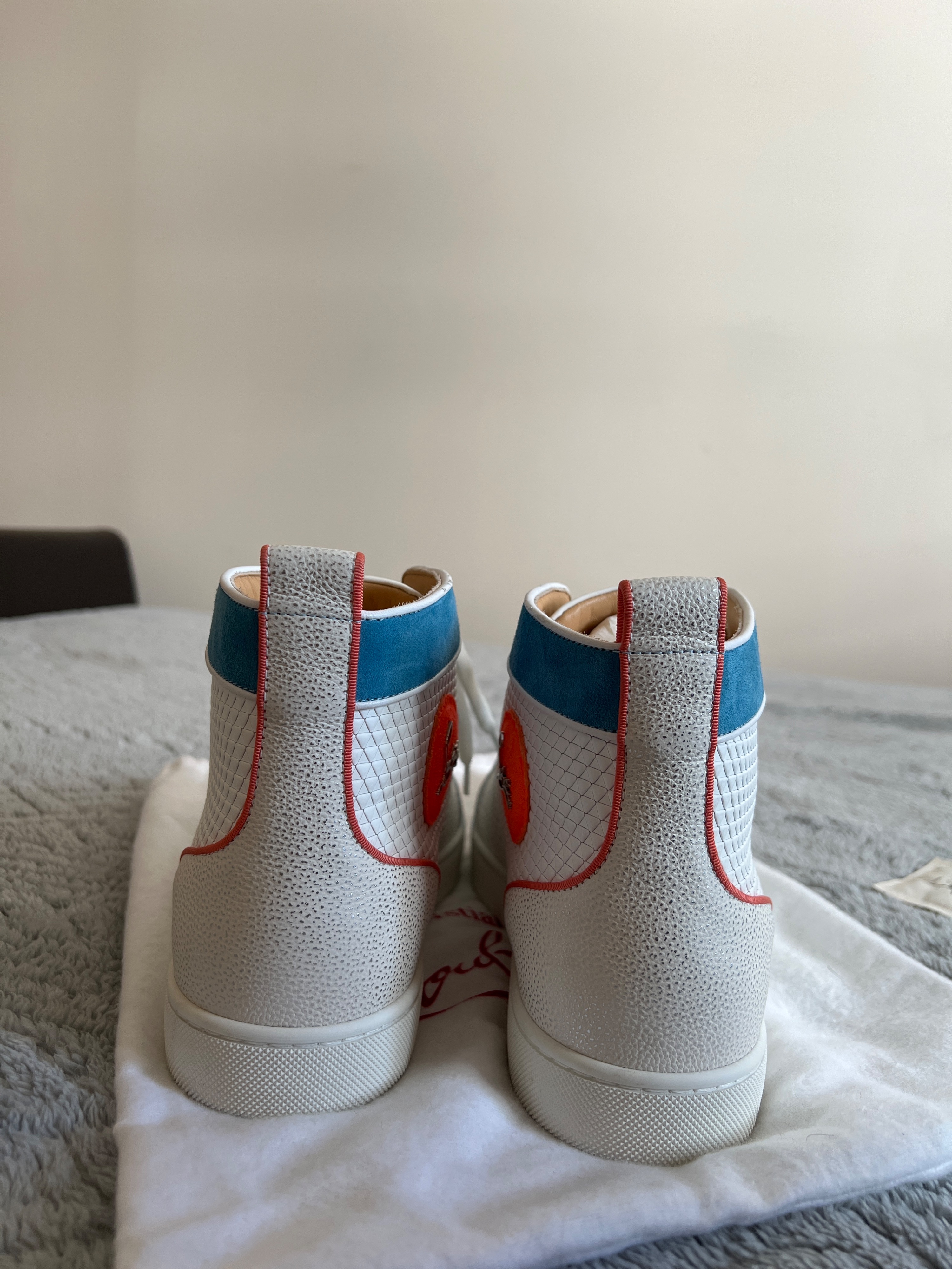 Men's Preowned Christian Louboutin White  Blue Orlato Flat High Tops Size 425 White with orange and sky blue accents leather