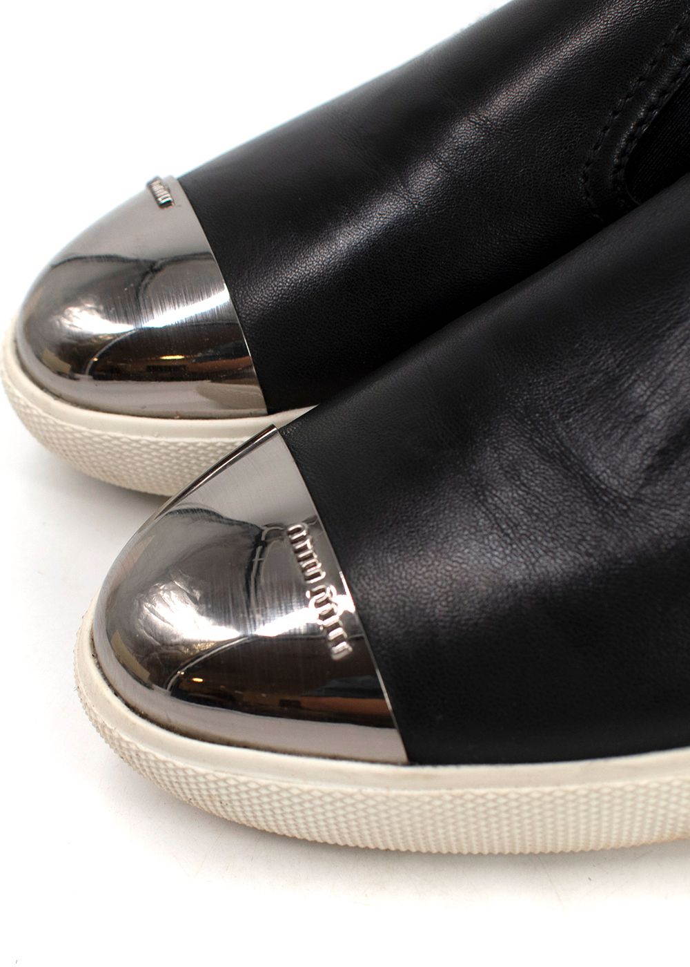 Preowned Miu Miu Black Leather Slip on Sneakers with Metal Toe Cap Size 37 black silver