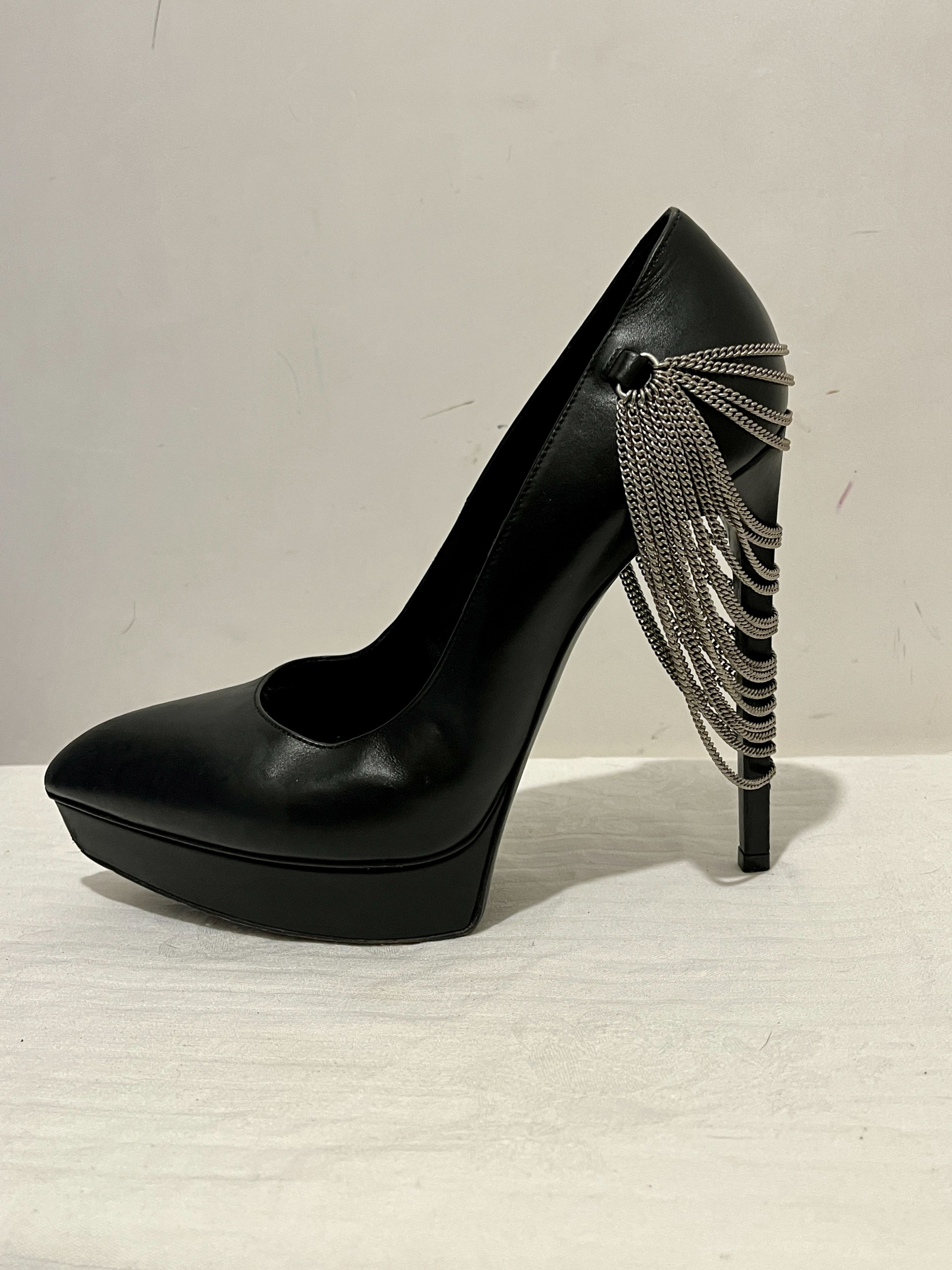 Preowned Saint Laurent Black Leather Janice Chain Draped Platform Pumps Size 38