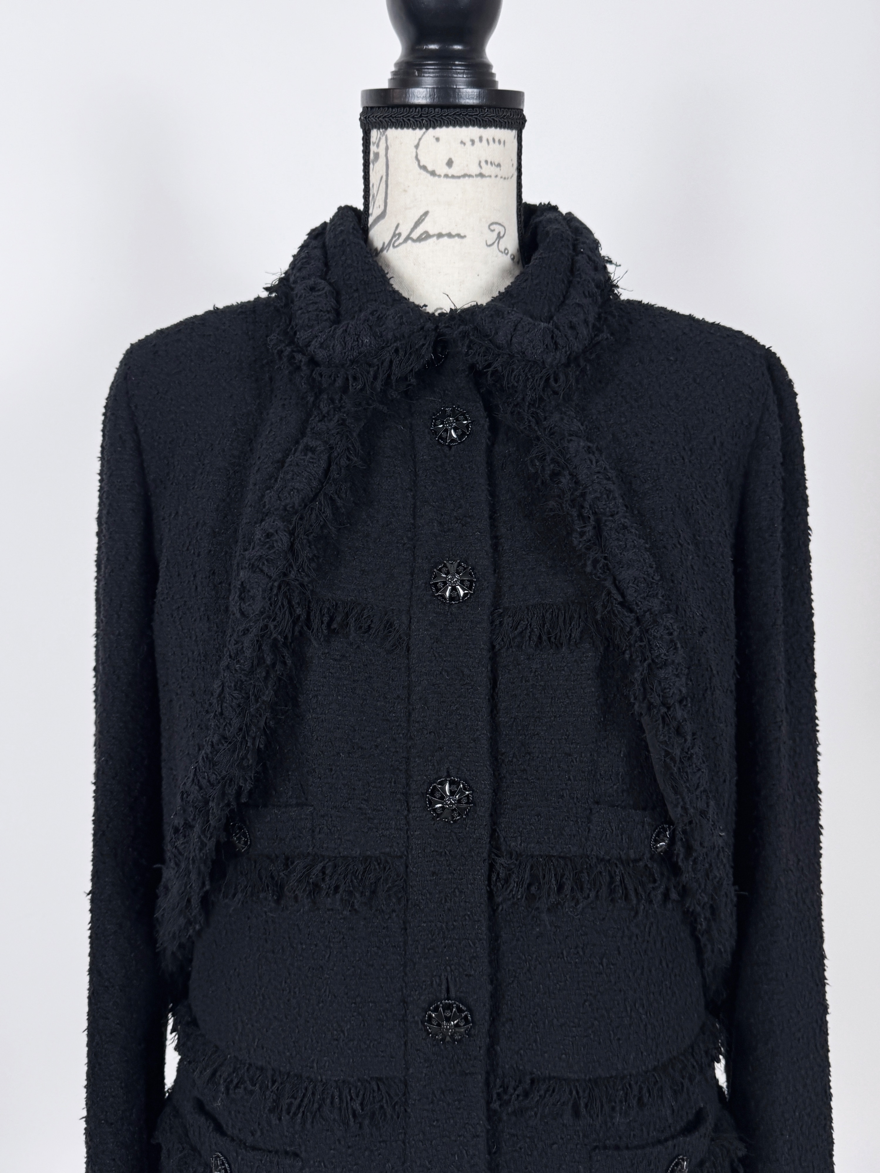 Preowned Chanel Black Tweed Jacket with Gripoix Jewel Buttons Size M