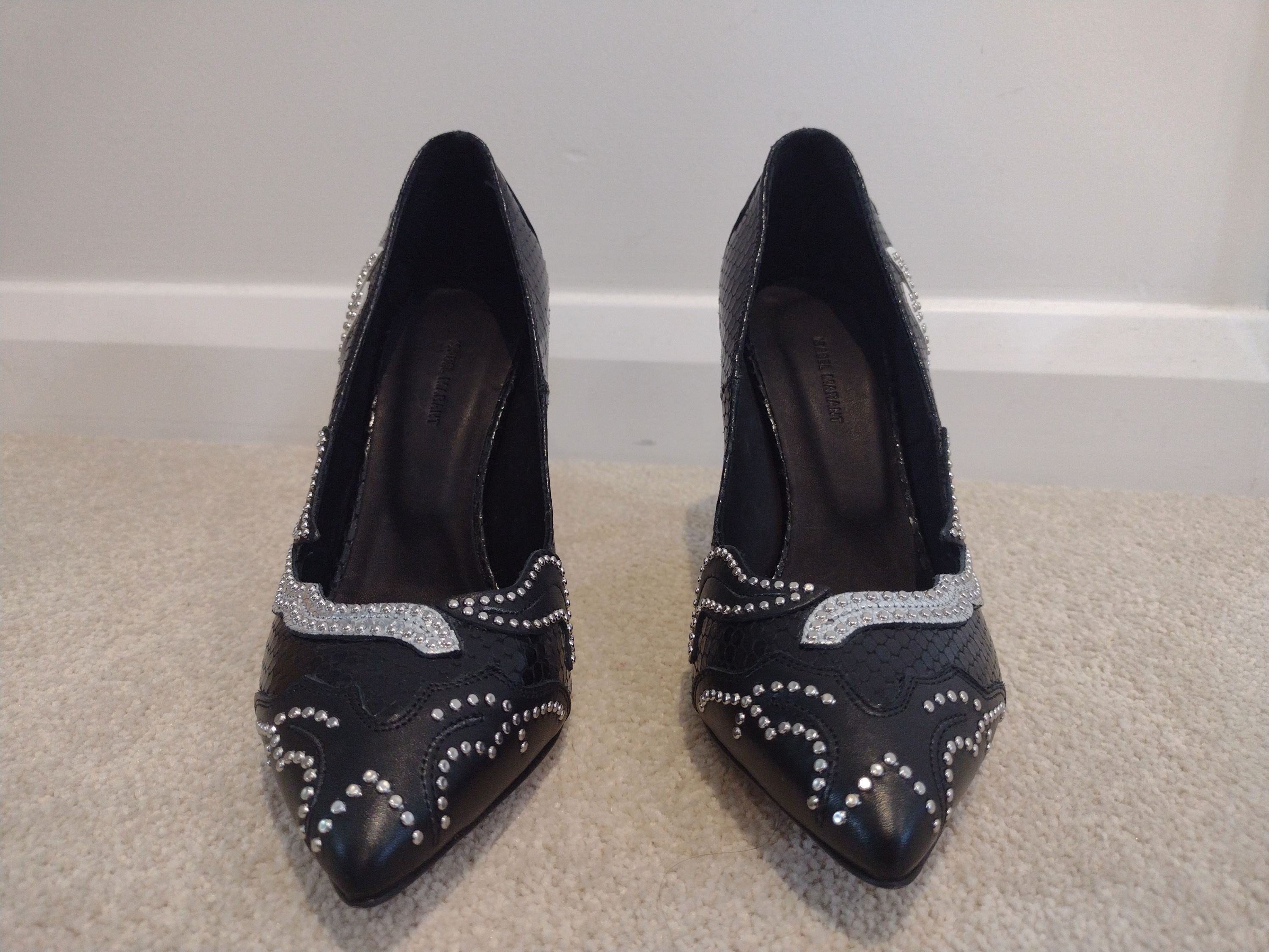 Isabel Marant Black snake embossed patchwork leather Rocky heeled pumps Size 36