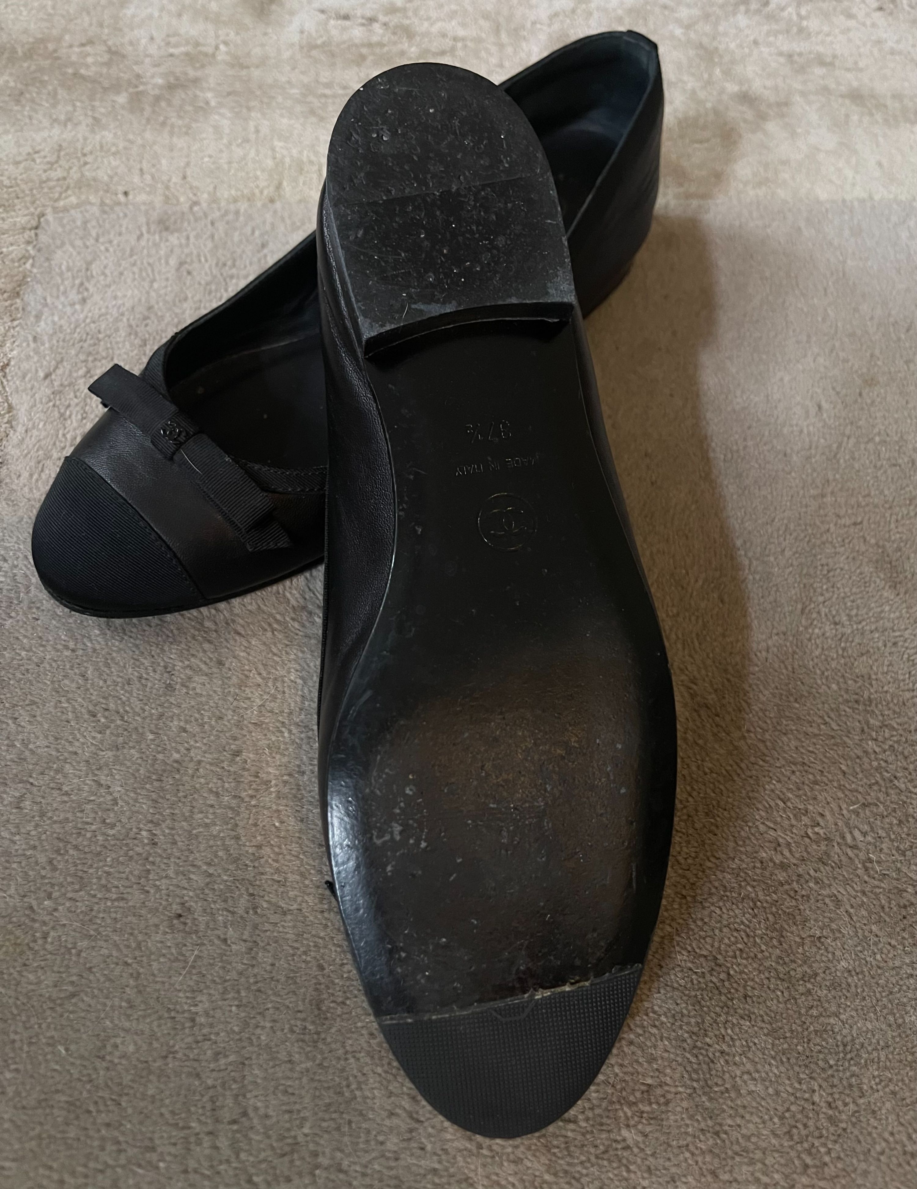 Preowned Chanel Black Lambskin Bow Detail Ballet Flats Size 375 leather