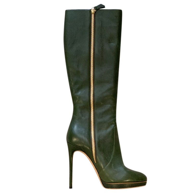 Casadei Bottle Green Leather Knee Boots Size 365