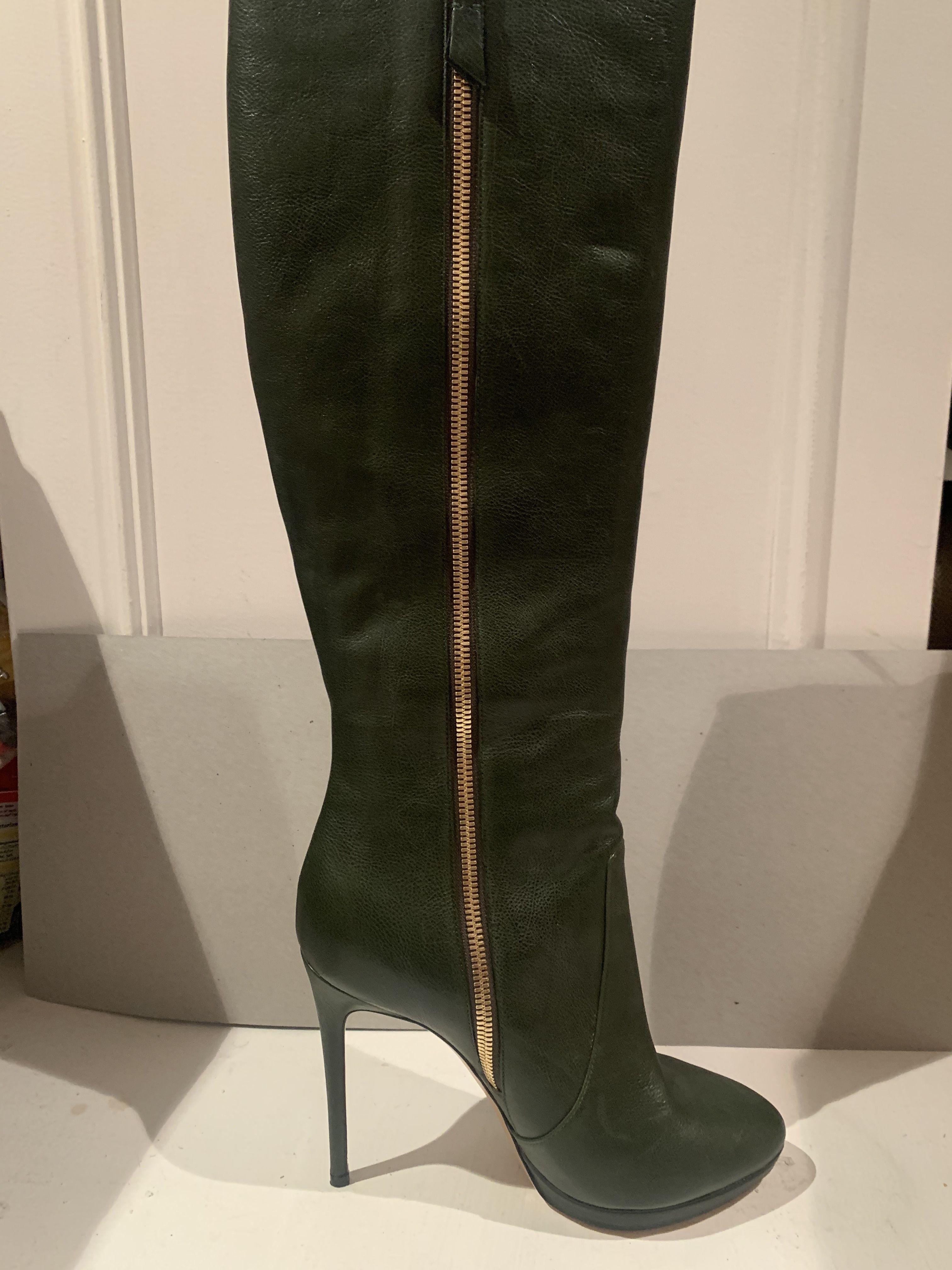 Casadei Bottle Green Leather Knee Boots Size 365