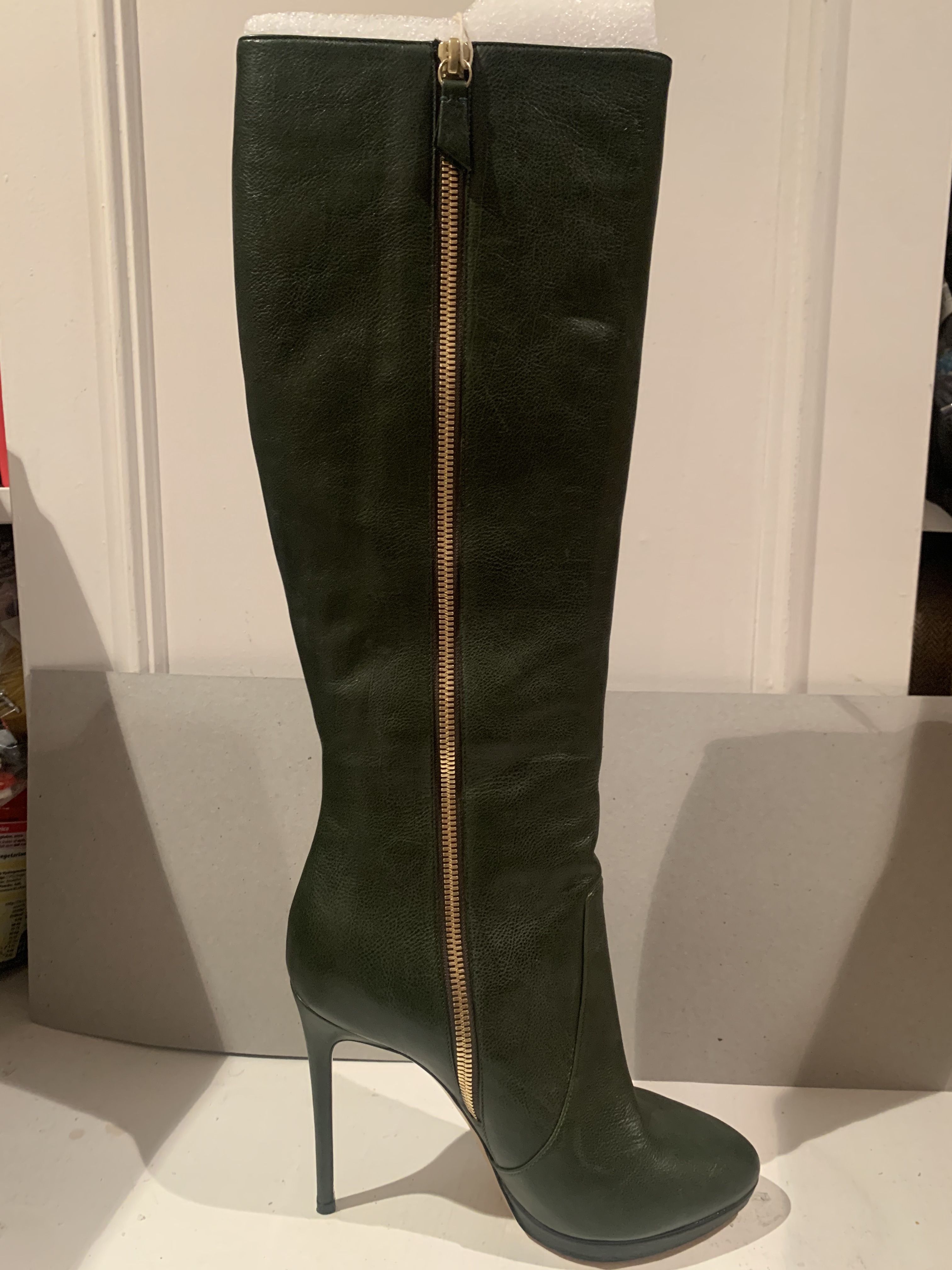 Casadei Bottle Green Leather Knee Boots Size 365