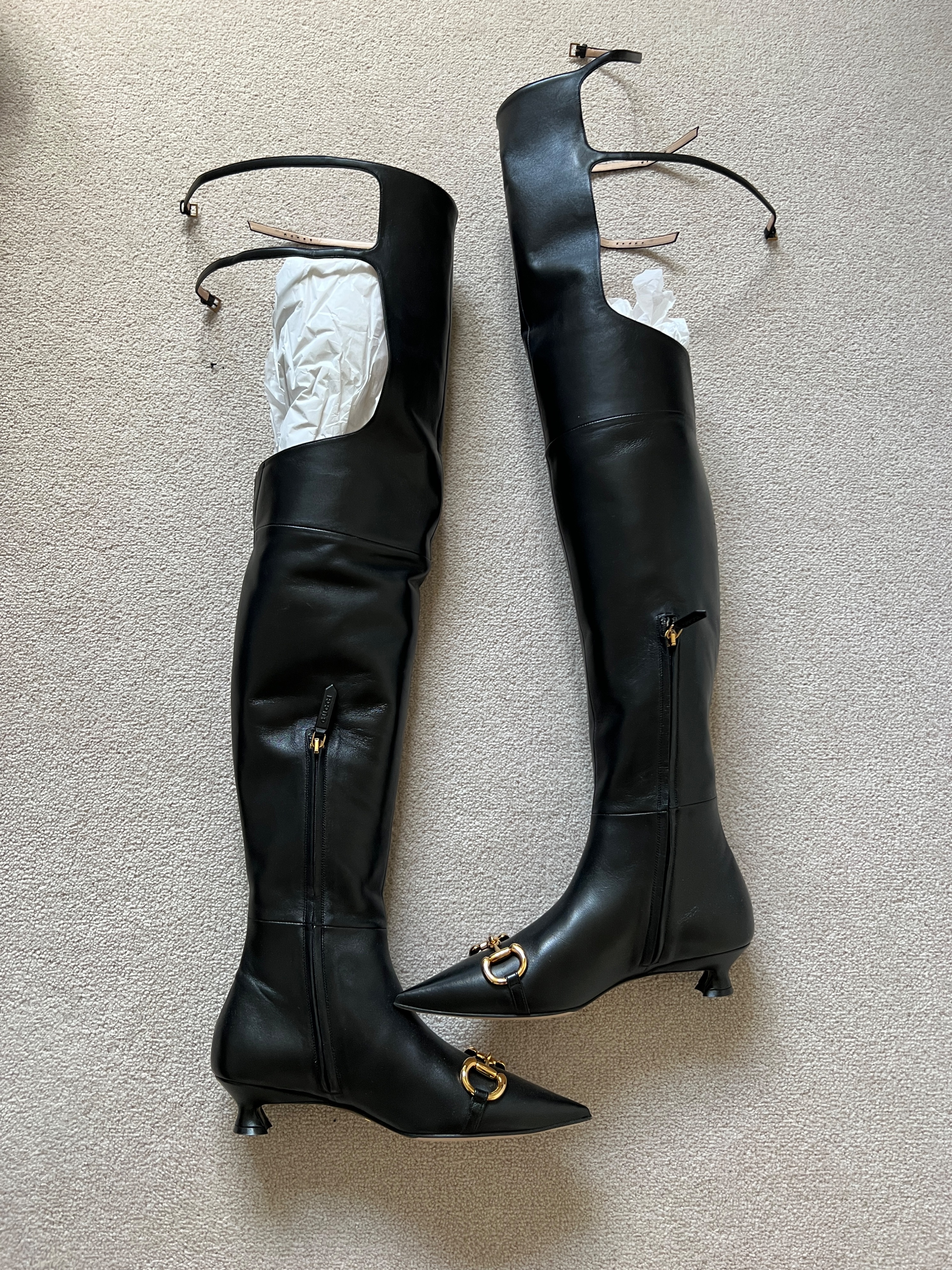 Gucci Black Leather Over the Knee Horsebit Boots Size 375