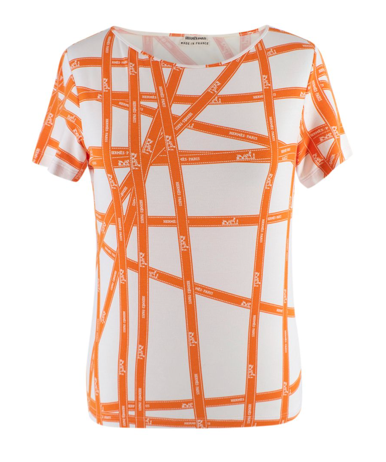 Preowned Hermes Orange  White Bolduc Ribbon Print T-shirt Size S viscose