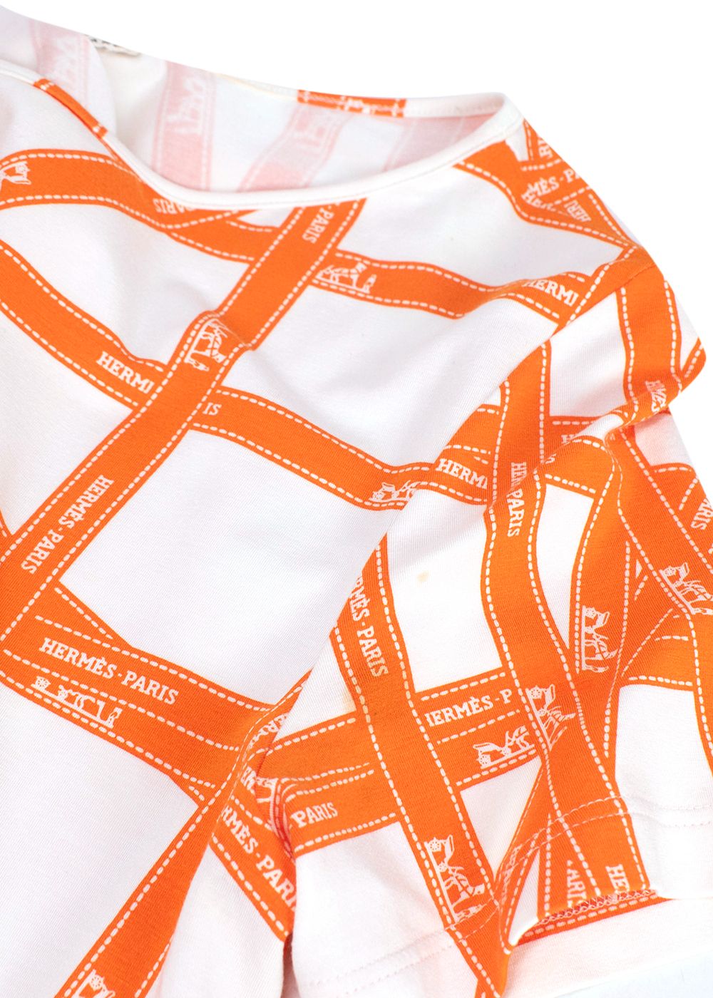 Preowned Hermes Orange  White Bolduc Ribbon Print T-shirt Size S viscose