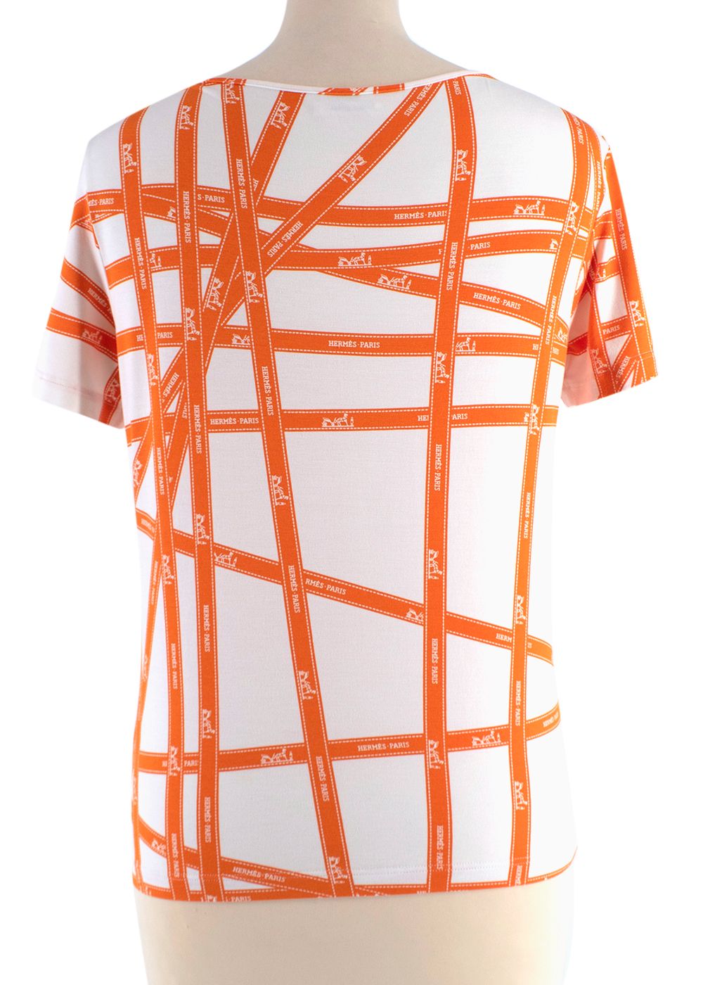 Preowned Hermes Orange  White Bolduc Ribbon Print T-shirt Size S viscose