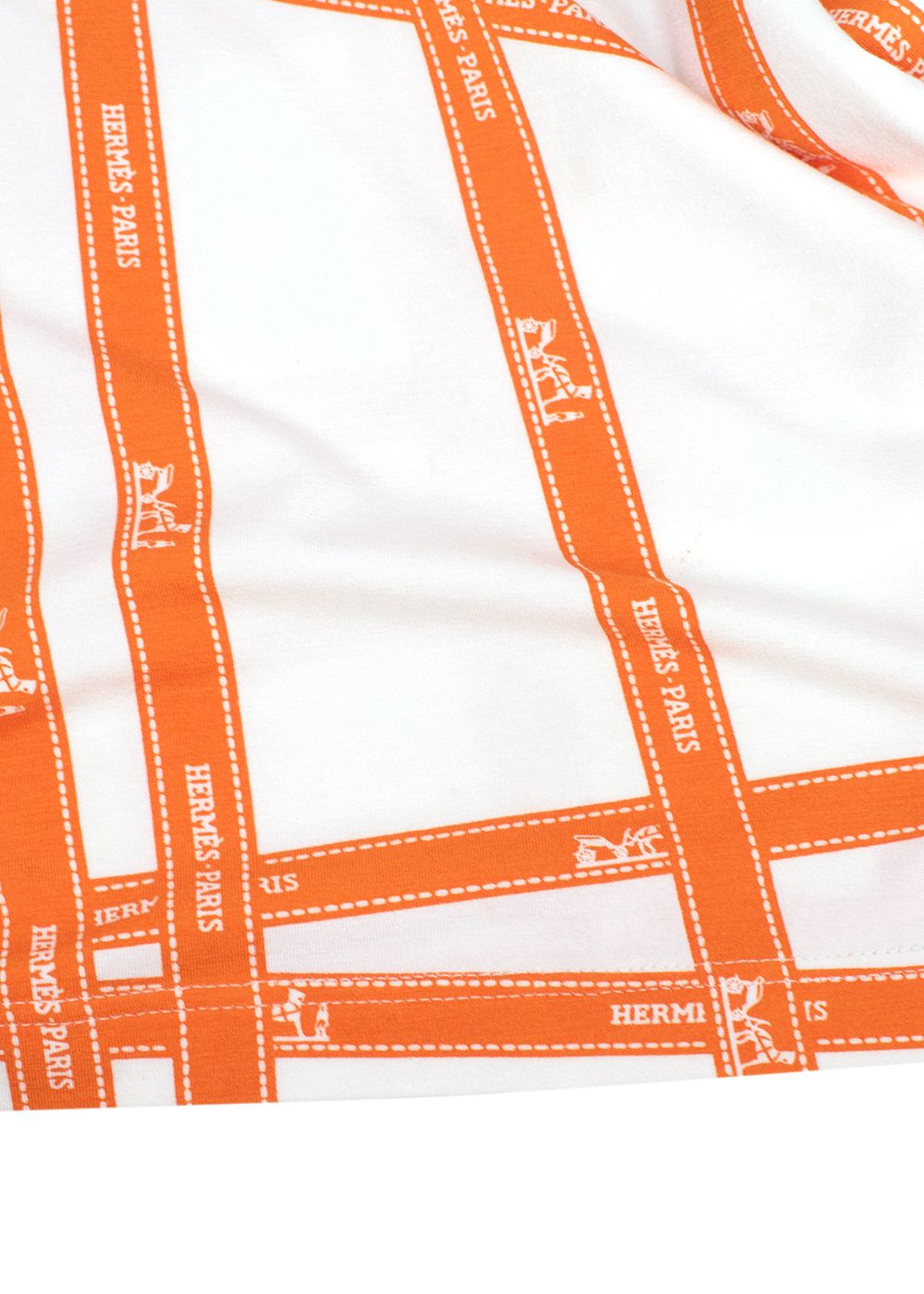 Preowned Hermes Orange  White Bolduc Ribbon Print T-shirt Size S viscose