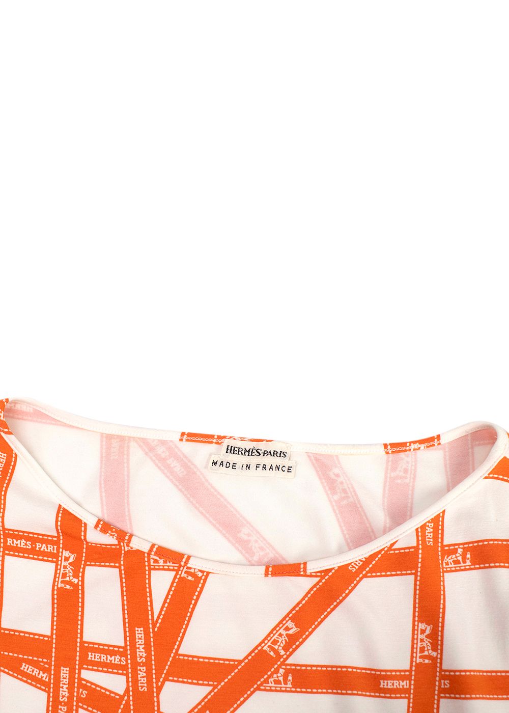 Preowned Hermes Orange  White Bolduc Ribbon Print T-shirt Size S viscose