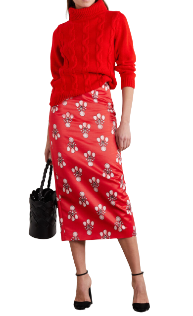 Preowned Emilia Wickstead Lorelai Printed Satin-faille Midi Skirt Size M red silk