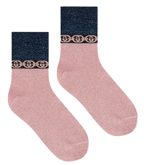 Gucci Pink Interlocking G Chain-trimmed Socks Size M Pink and blue glitter viscose