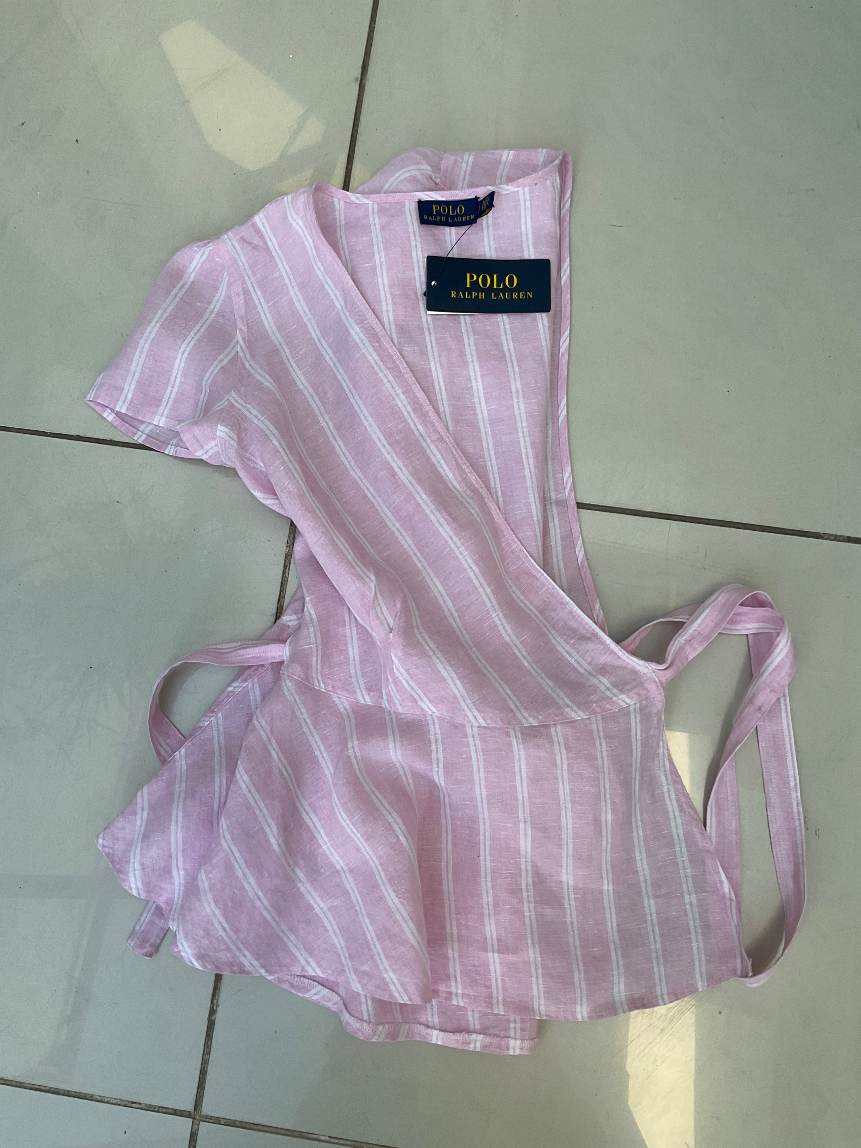 Ralph Lauren Polo Pink  White Striped Linen Wrap Top Size S Pink/ white