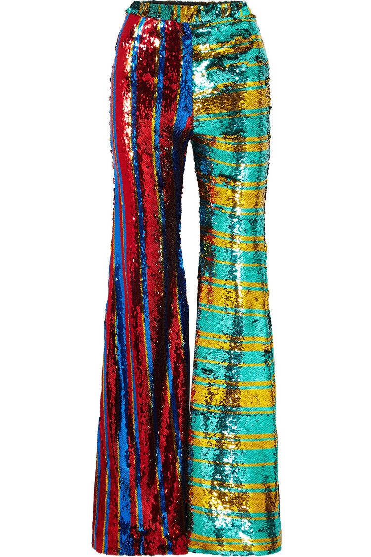 Preowned Halpern Striped Sequined Wide-Leg Trousers Size M Multi polyester