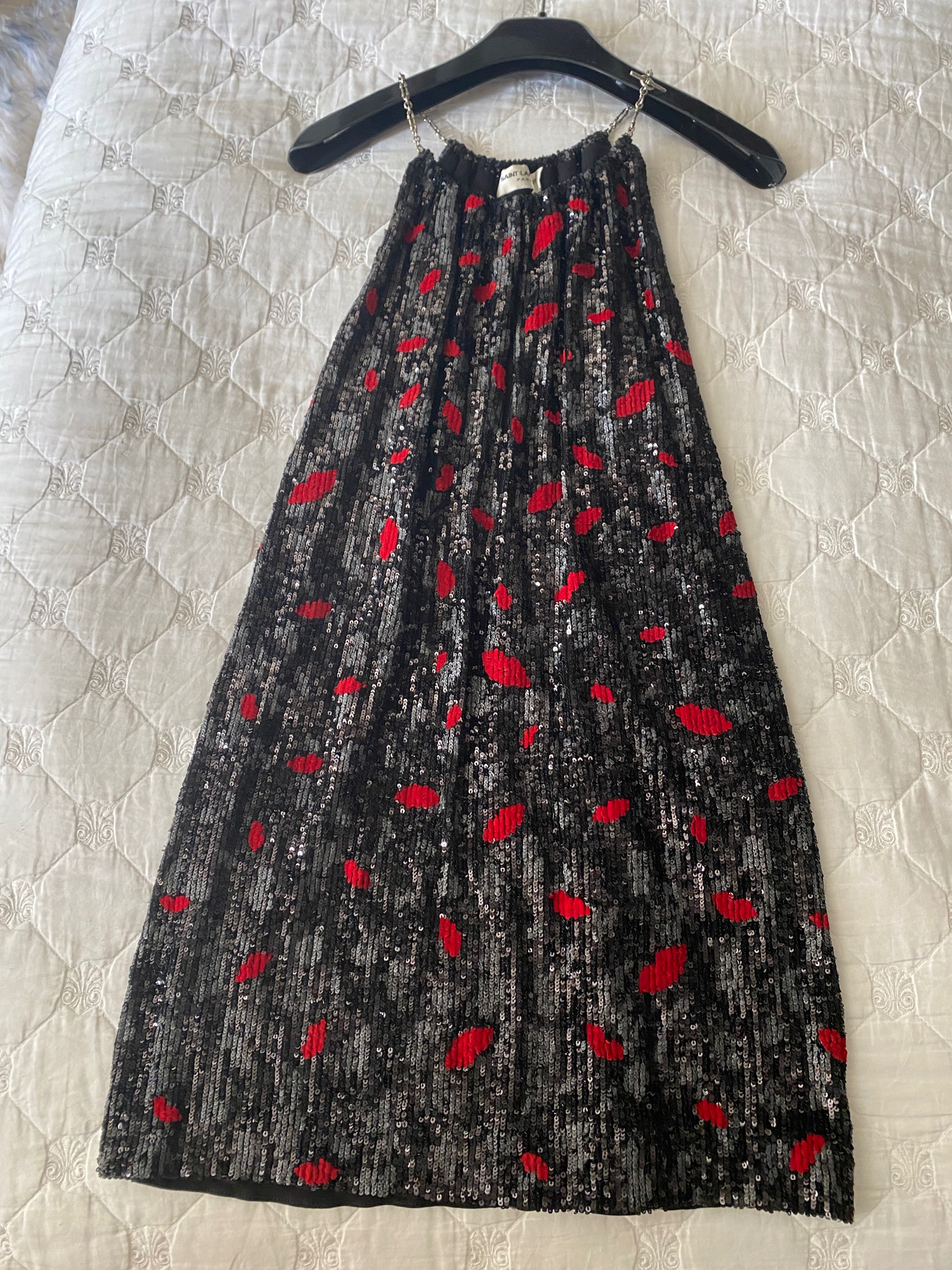 Saint Laurent Black  red polka dot sequin dress Size M silk