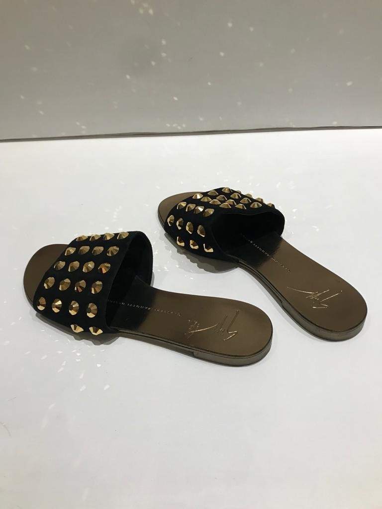 Preowned Giuseppe Zanotti Black Suede Studded Slides Size 375