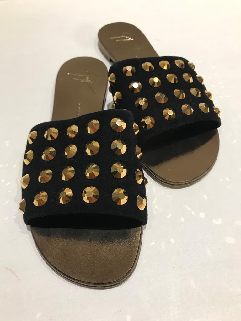 Preowned Giuseppe Zanotti Black Suede Studded Slides Size 375