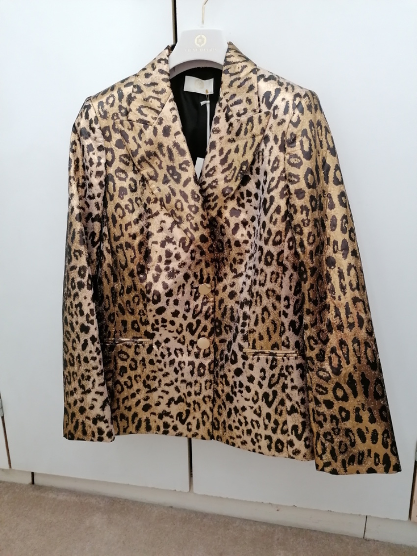 Sarah Battaglia Golden Leopard Print Blazer Size L Black mix fabric