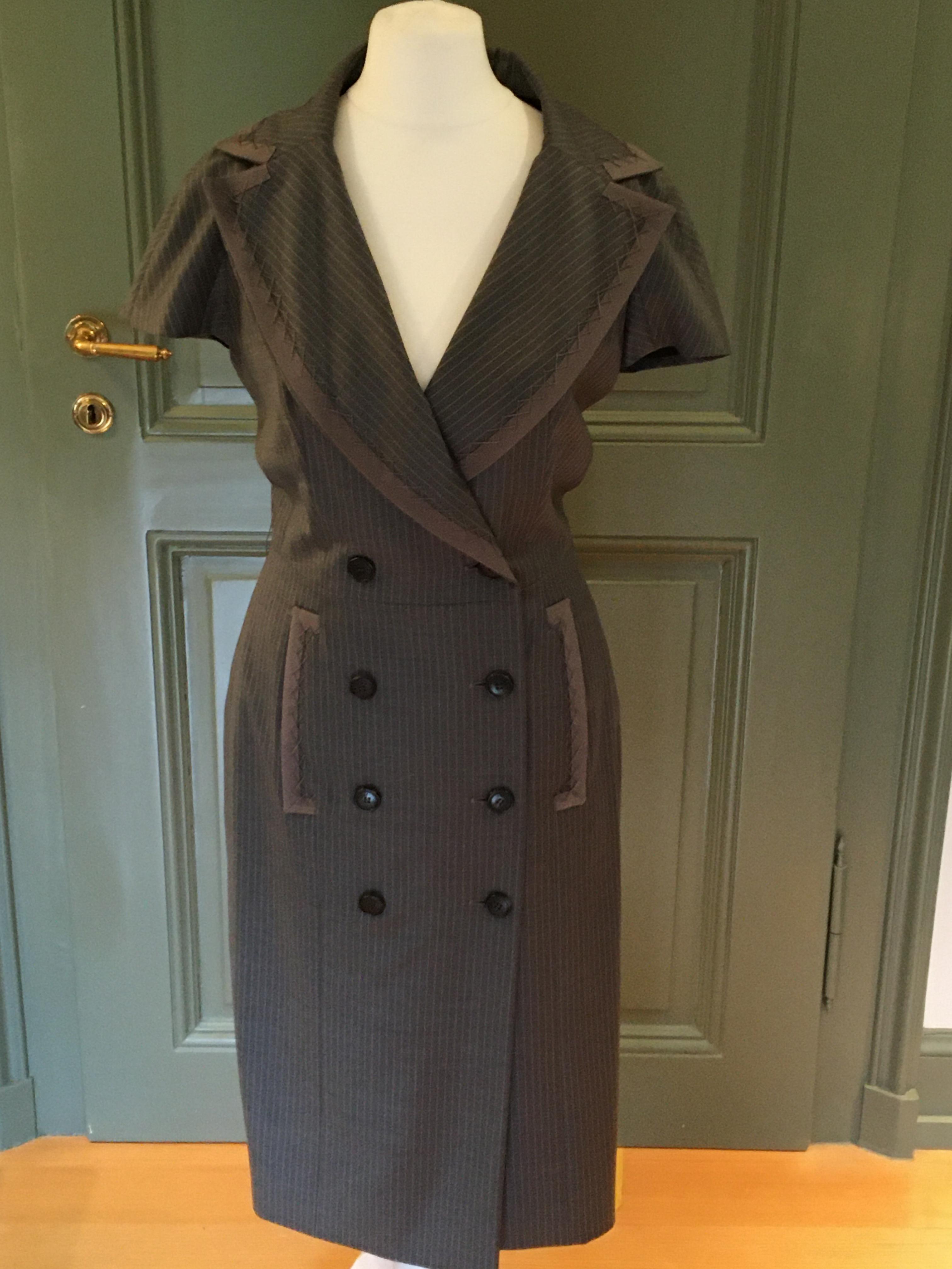 Preowned Christian Dior Wool Pinstriped Tailored Coat Dress Size XS Grey