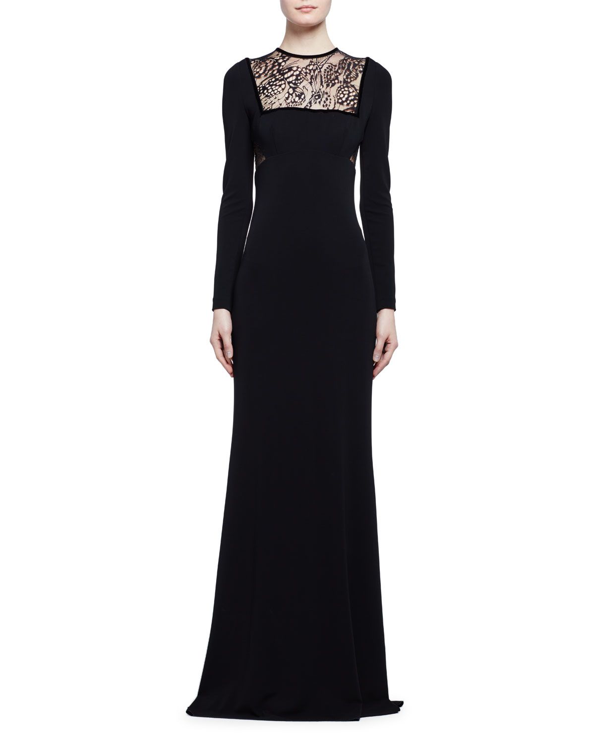 Alexander McQueen Long-Sleeve Butterfly Lace-Inset Gown Size S black pure fabric