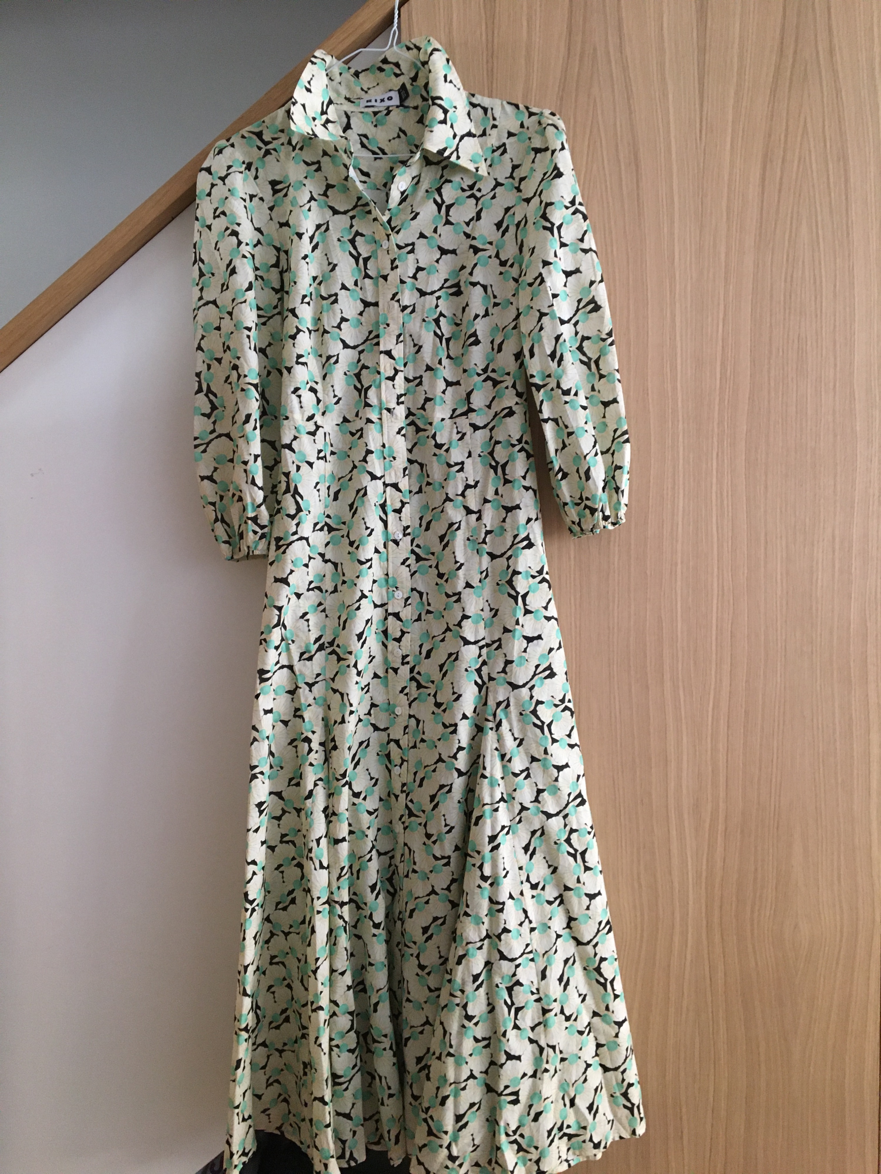 Rixo Green Ivory  Black Floral Shirt Dress Size XXS Cream cotton