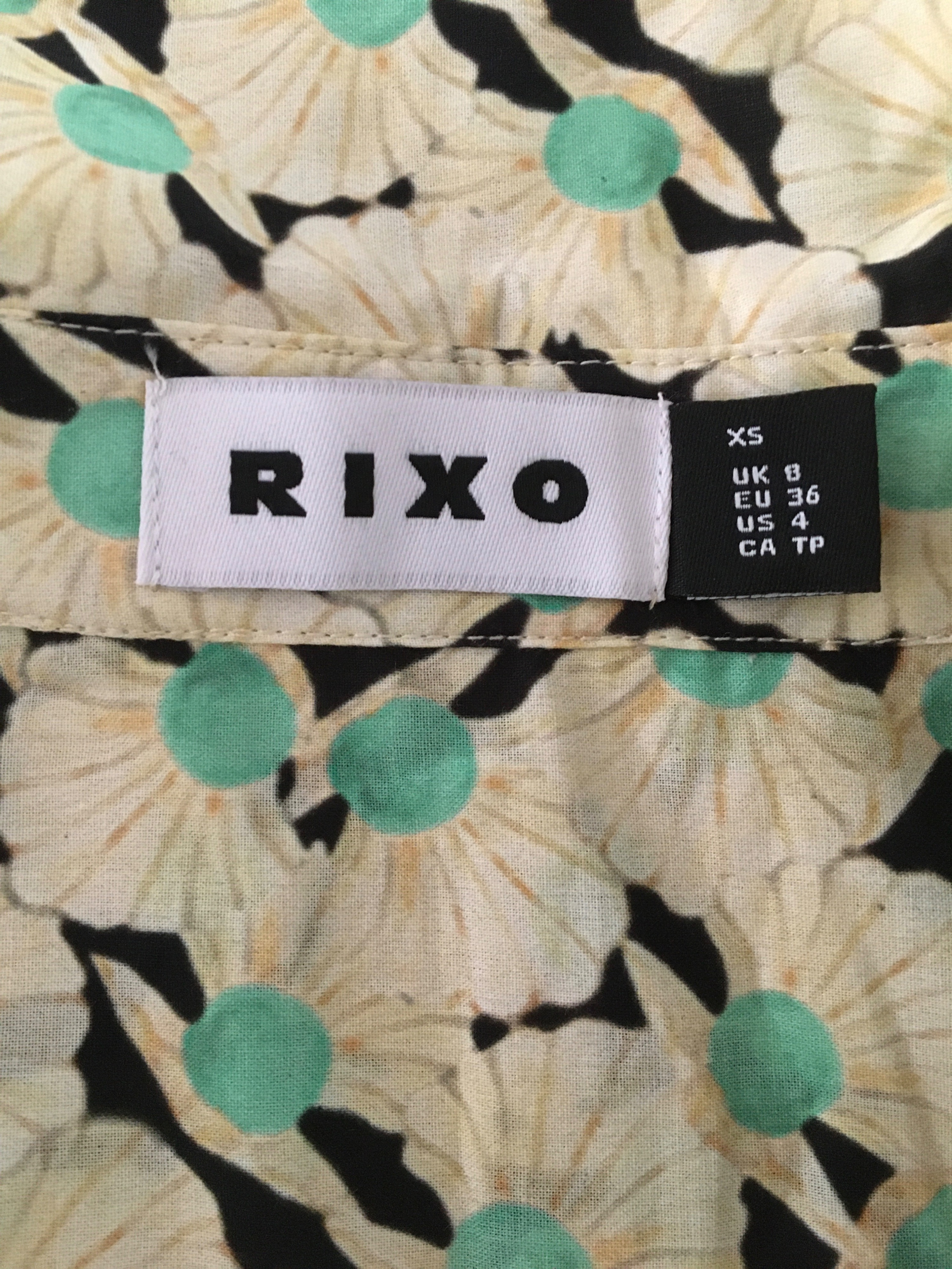 Rixo Green Ivory  Black Floral Shirt Dress Size XXS Cream cotton