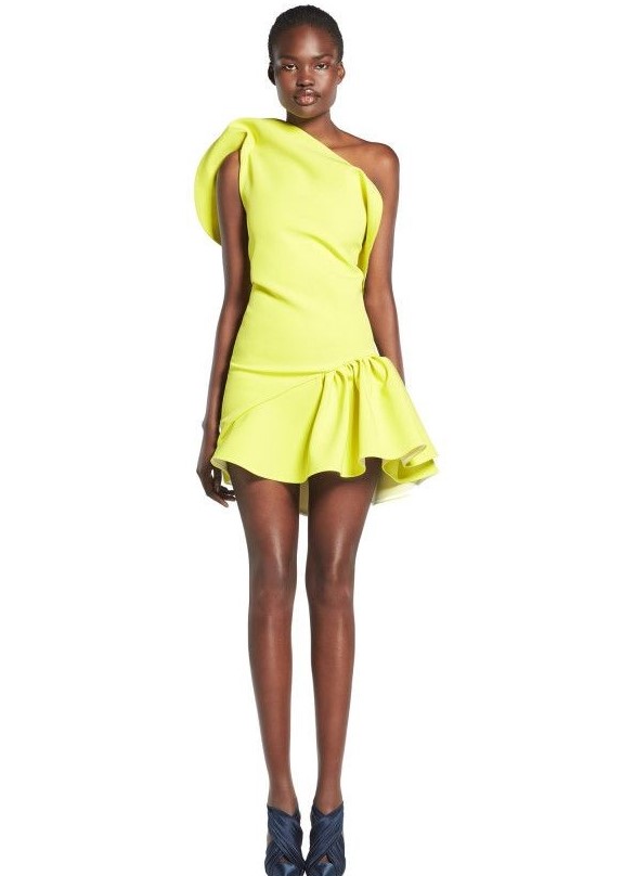 Preowned Maticevski Yellow Ruffled One Shoulder Mini Dress Size S silk