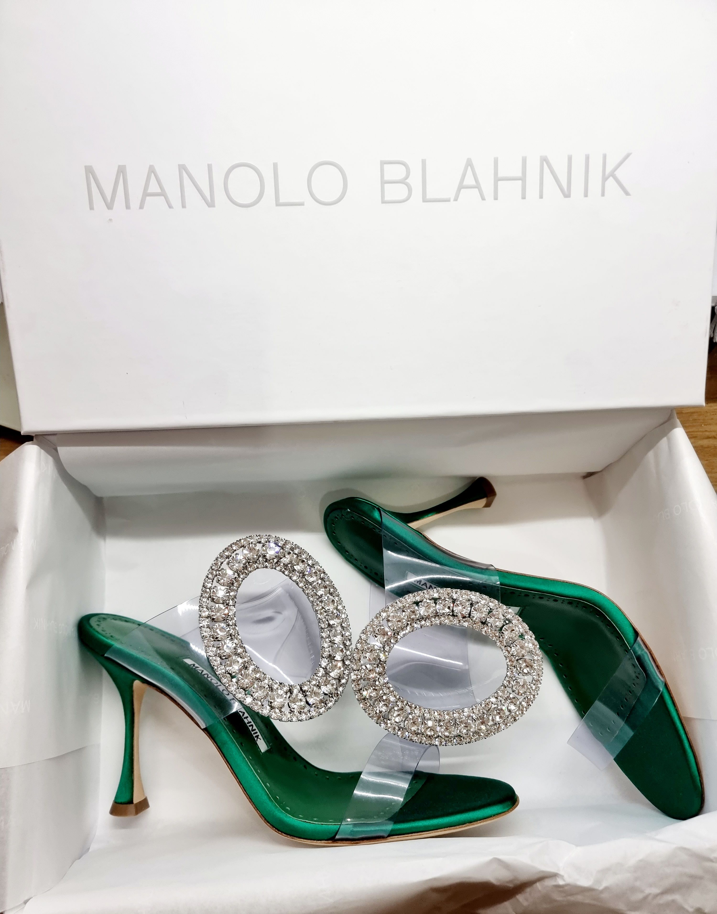 Manolo Blahnik Crystal-Embellished Fibionabi Mules 90 Size 37