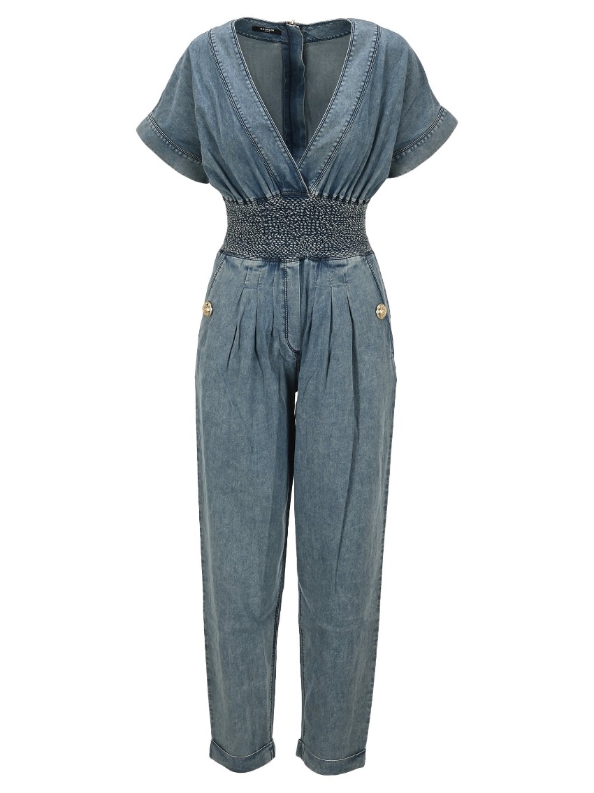 Preowned Balmain Blue V-Neck Denim Jumpsuit Size S cotton