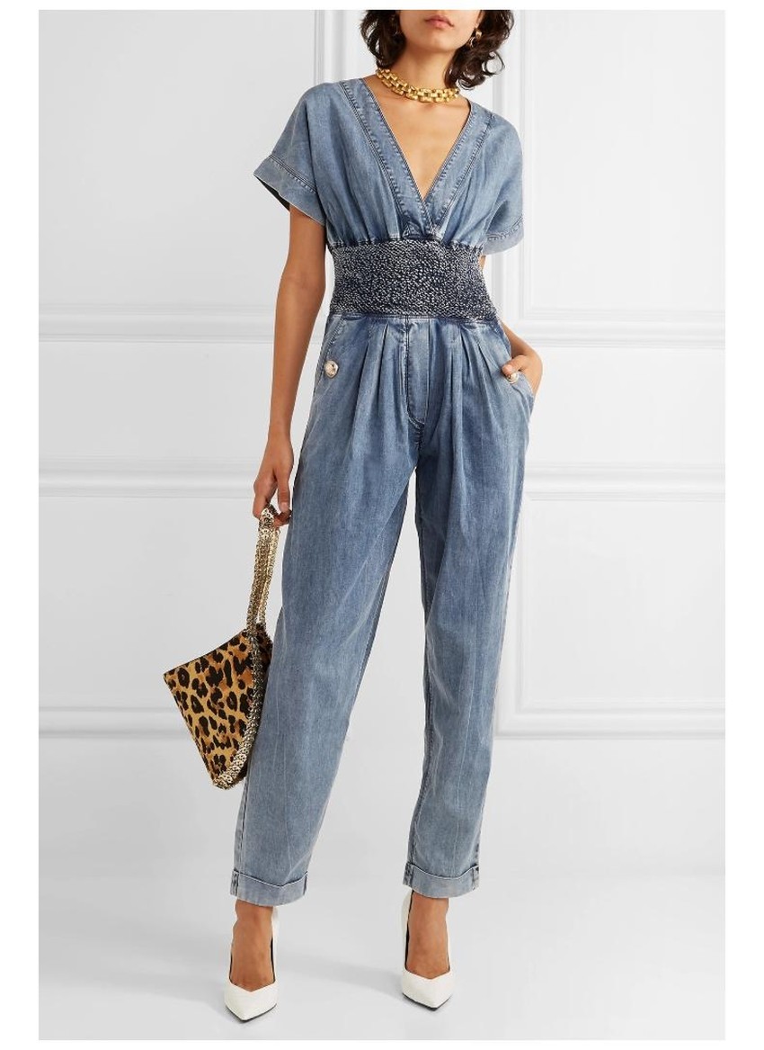 Preowned Balmain Blue V-Neck Denim Jumpsuit Size S cotton