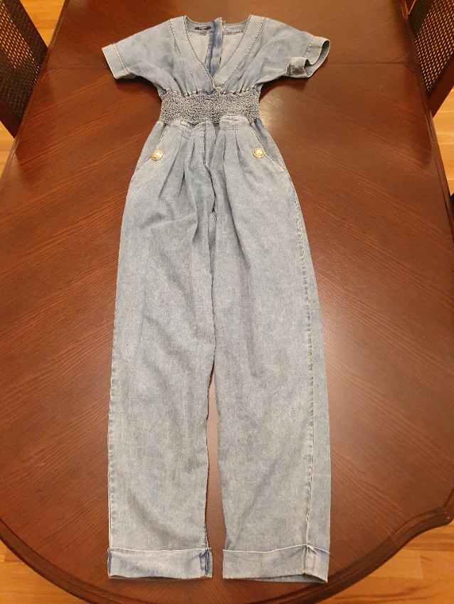 Preowned Balmain Blue V-Neck Denim Jumpsuit Size S cotton