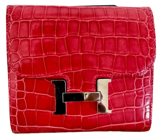 Preowned Hermes Geranium Shiny Alligator Constance Wallet