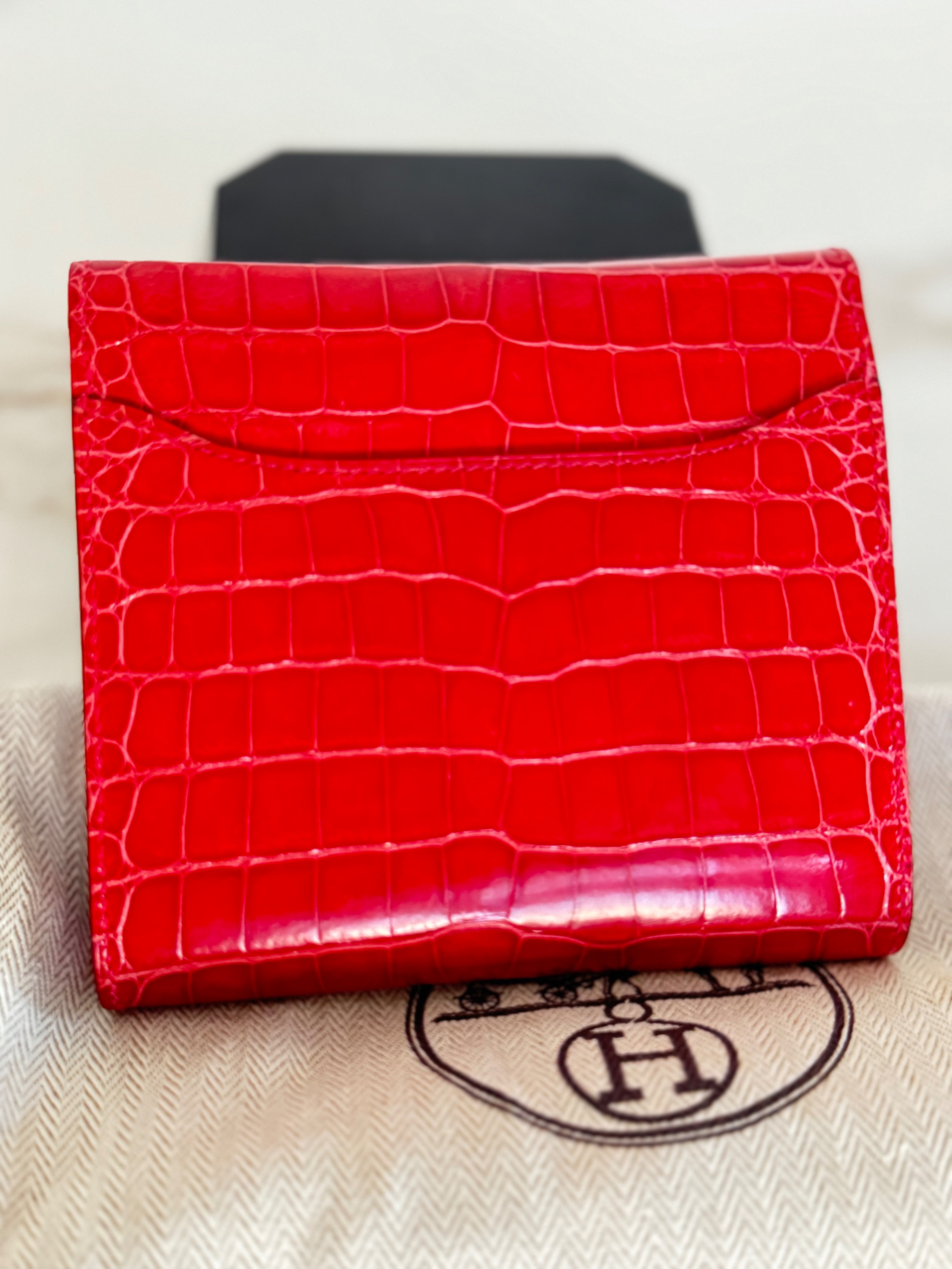 Preowned Hermes Geranium Shiny Alligator Constance Wallet