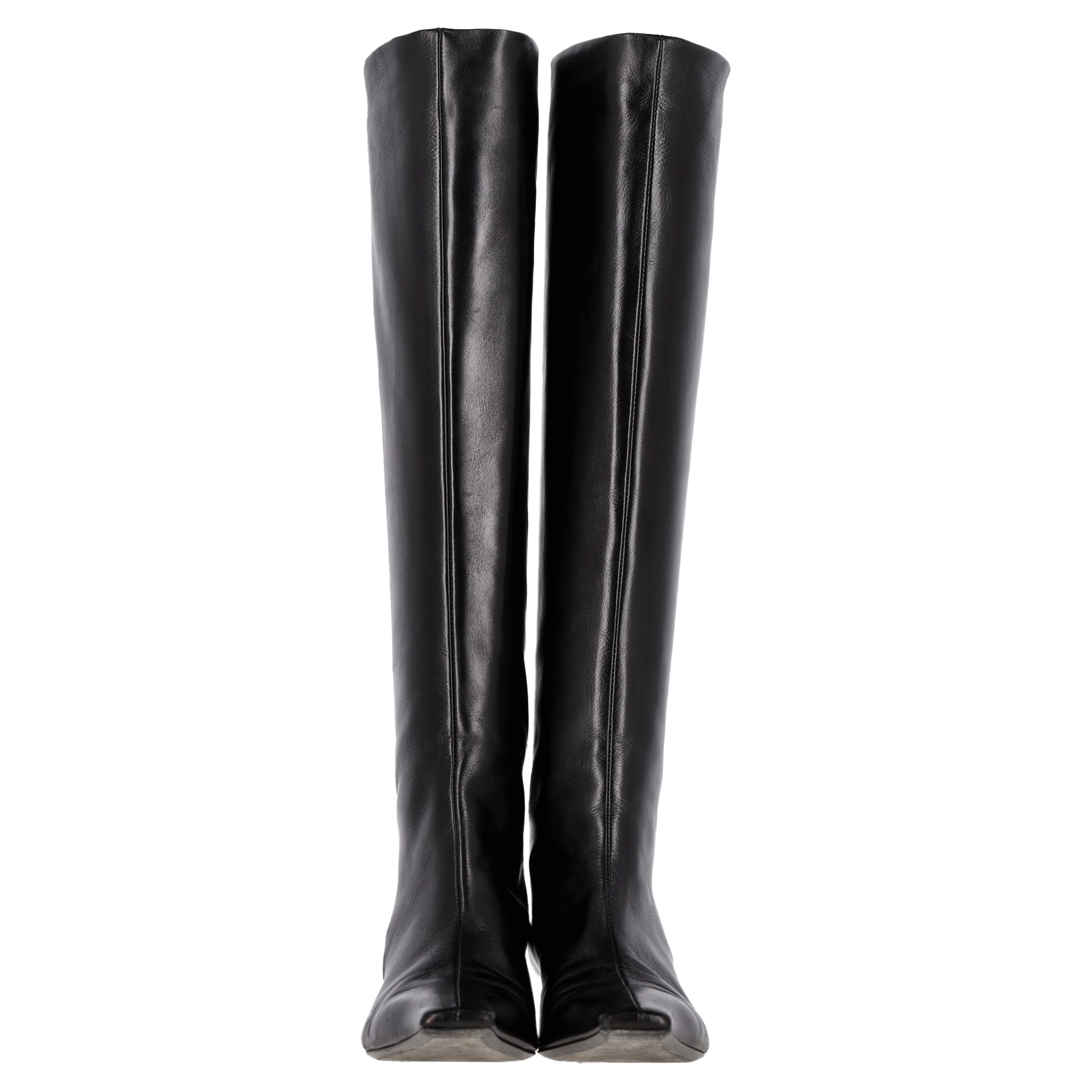 Preowned Khaite Black Leather Davis Knee High  Boots Size 38