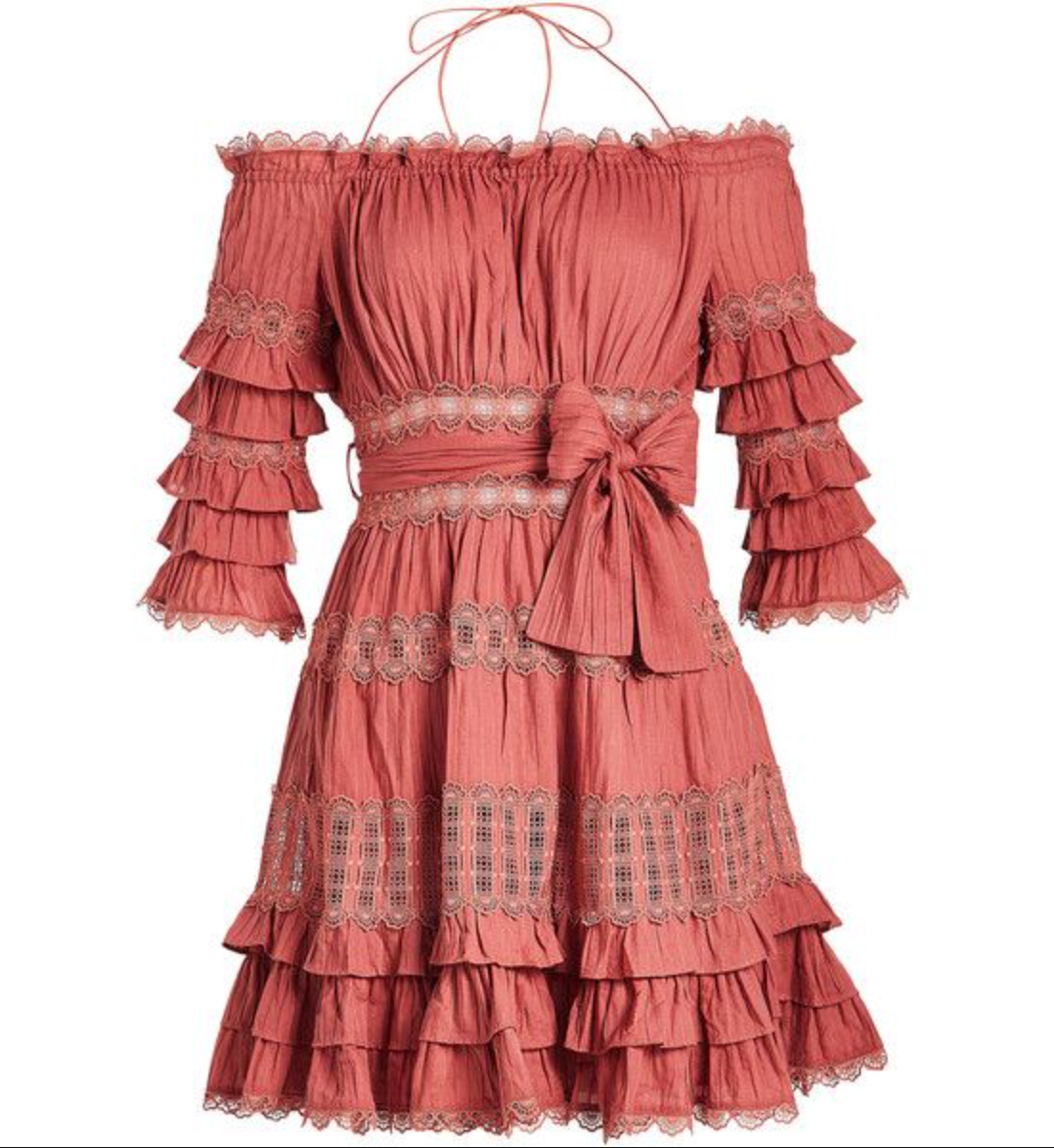 Preowned Zimmermann Corsair Frill Off-the-shoulder Cotton Mini Dress Size XS Vintage Rose