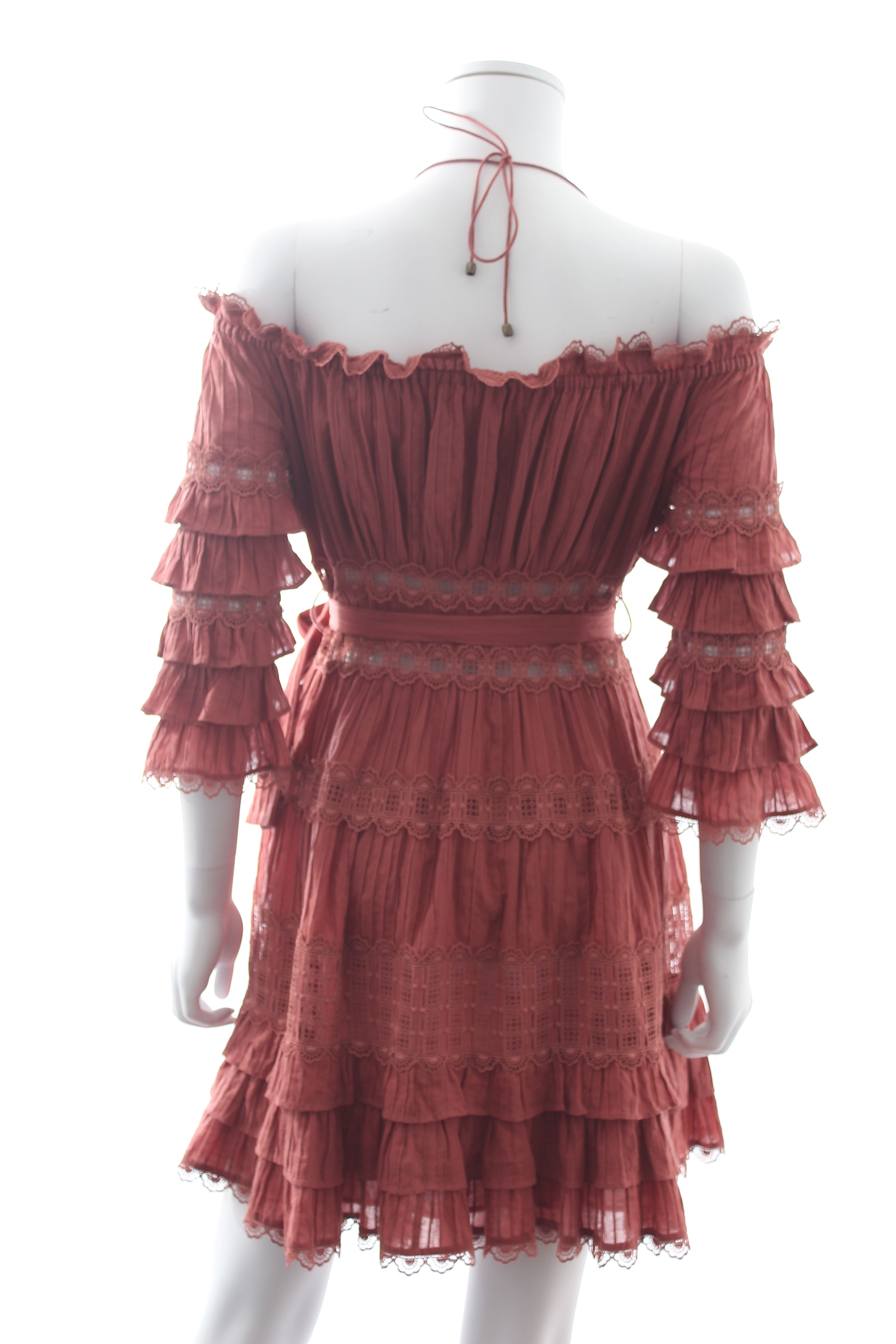 Preowned Zimmermann Corsair Frill Off-the-shoulder Cotton Mini Dress Size XS Vintage Rose