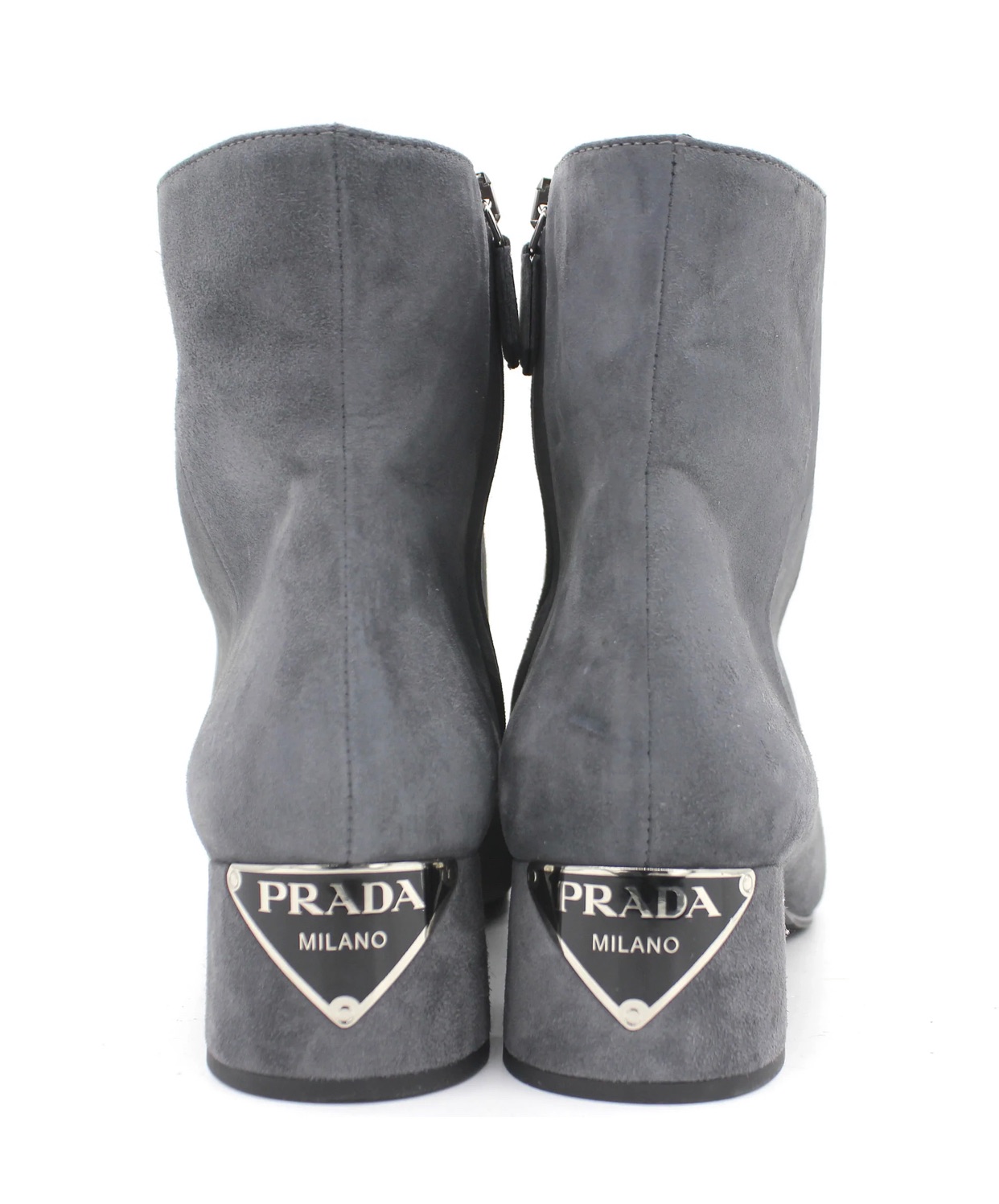 Preowned Prada Grey Suede Plaque Heel Ankle Boots Size 385 leather