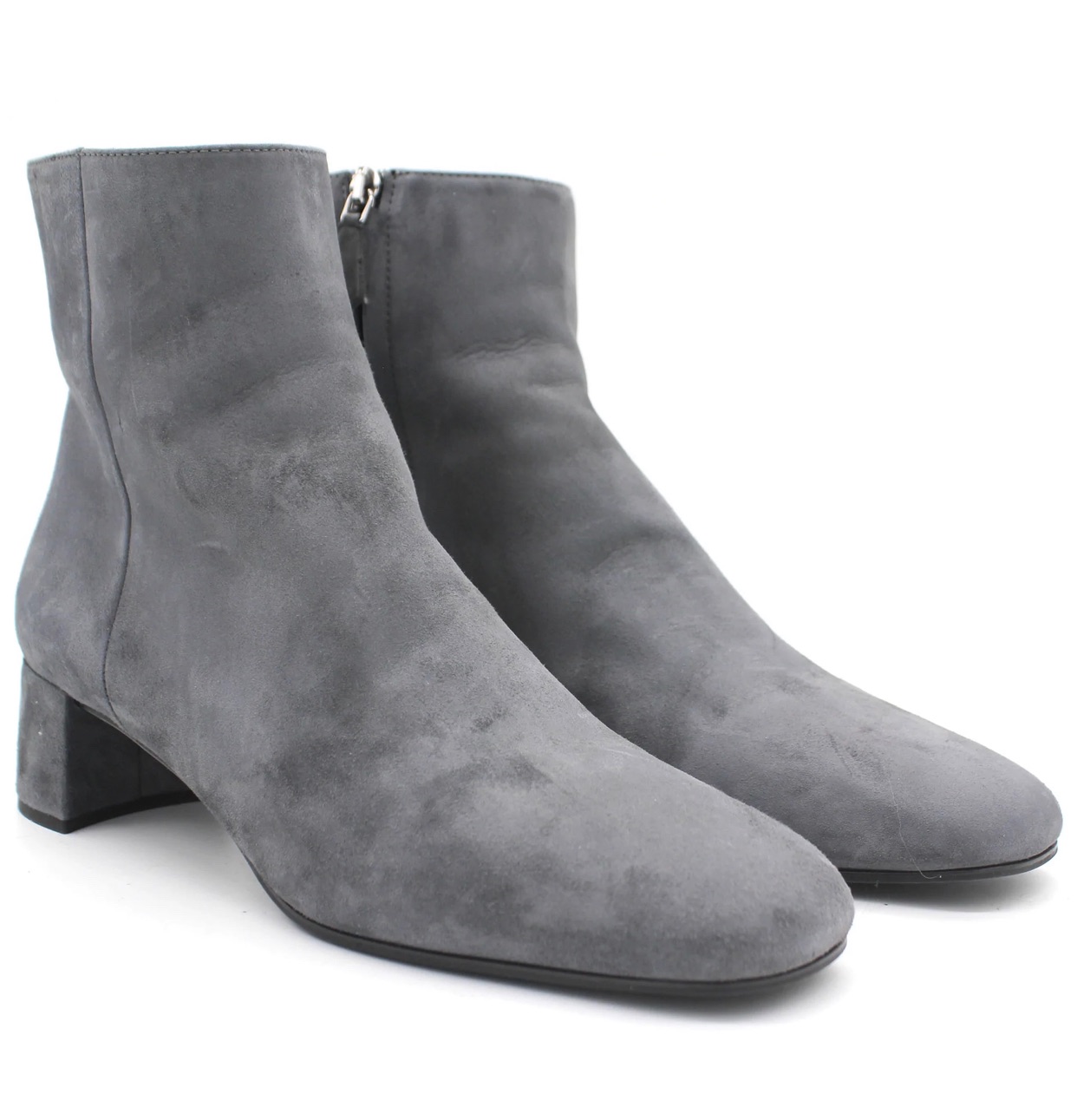 Preowned Prada Grey Suede Plaque Heel Ankle Boots Size 385 leather