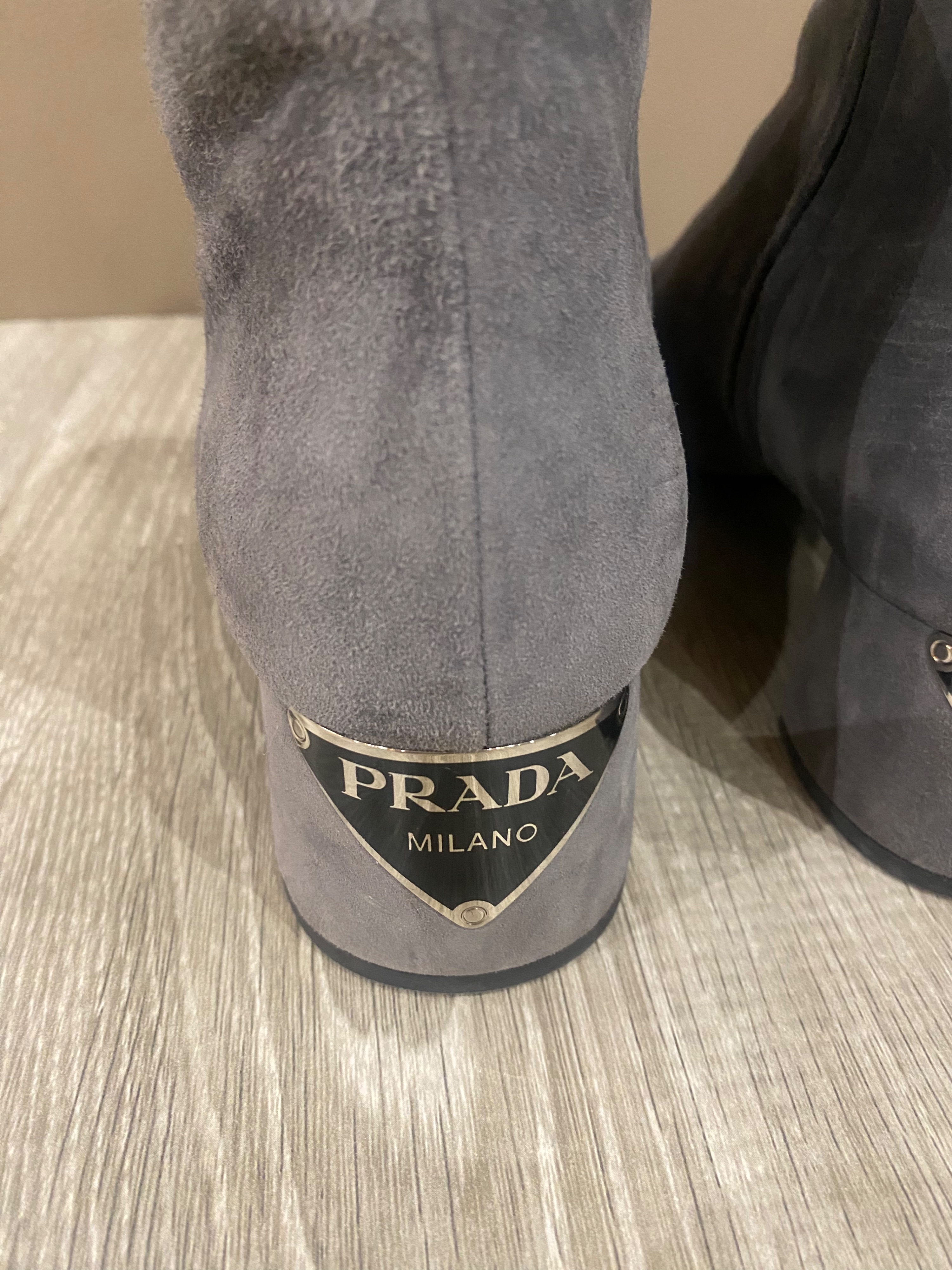 Preowned Prada Grey Suede Plaque Heel Ankle Boots Size 385 leather