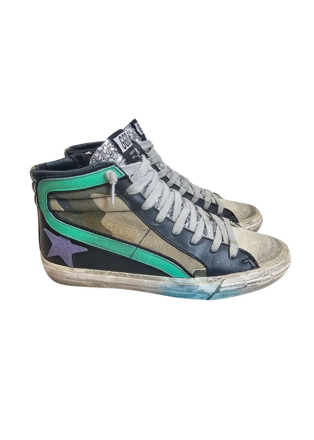 Preowned Golden Goose Slide Multicoloured High Top Sneakers Size 36 Camo Green Black Leopard leather