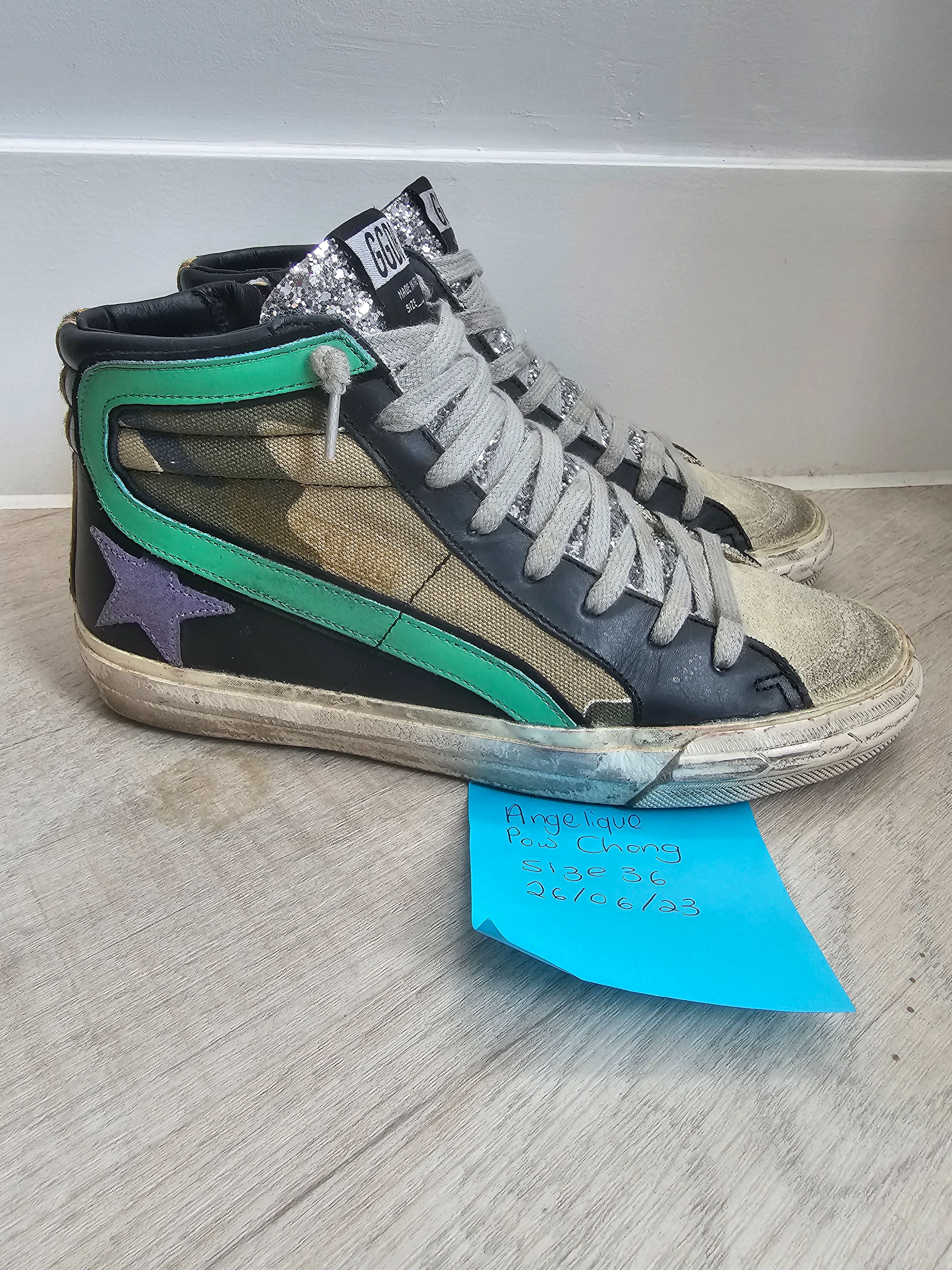 Preowned Golden Goose Slide Multicoloured High Top Sneakers Size 36 Camo Green Black Leopard leather