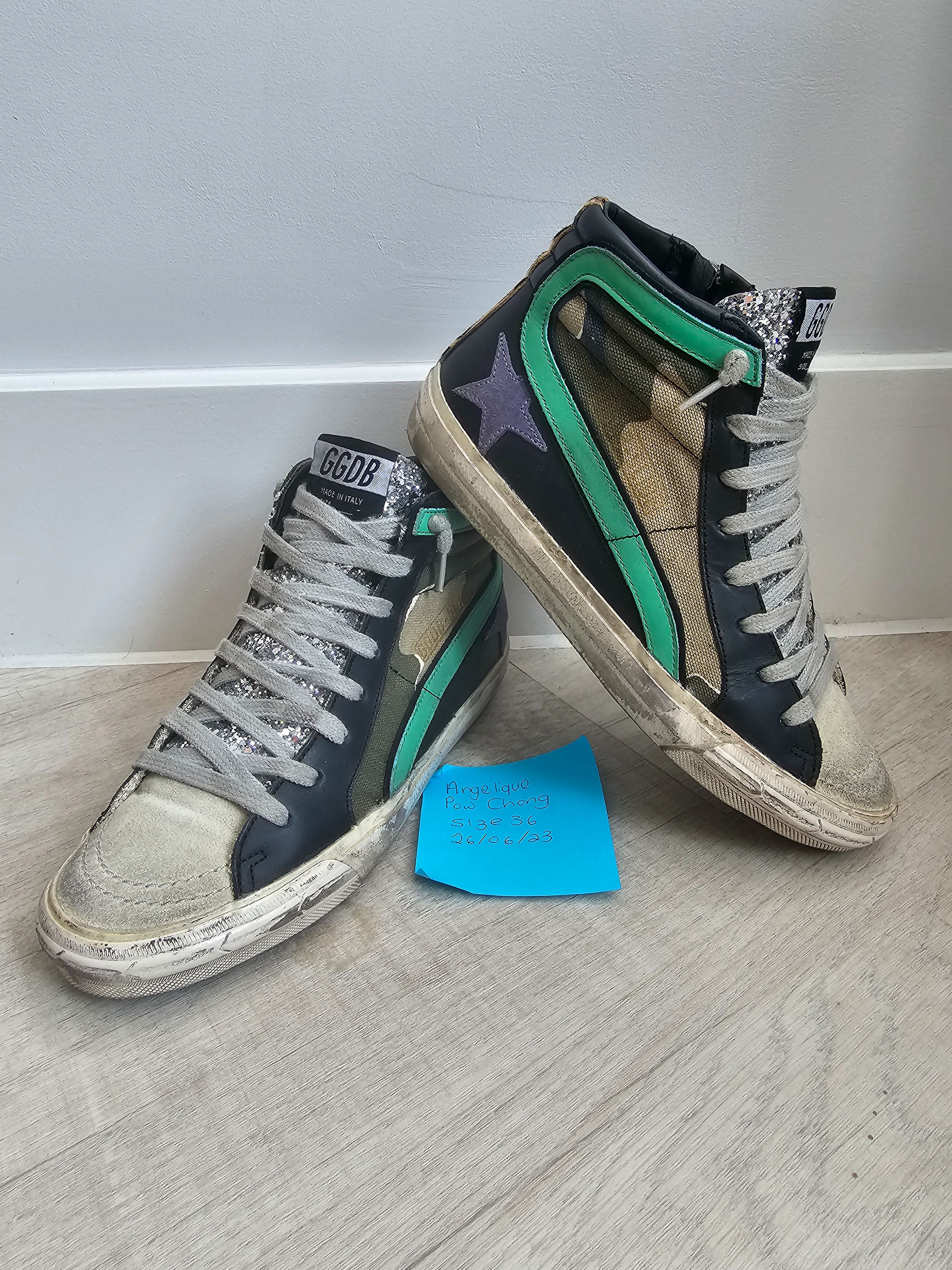 Preowned Golden Goose Slide Multicoloured High Top Sneakers Size 36 Camo Green Black Leopard leather